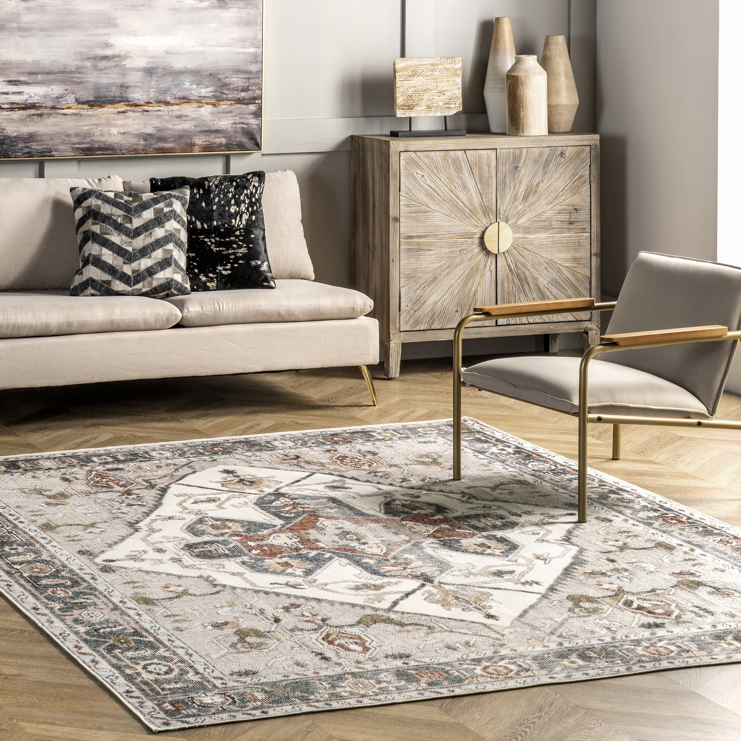 Crystalline Medallion Washable Rug | Beige - Image 2