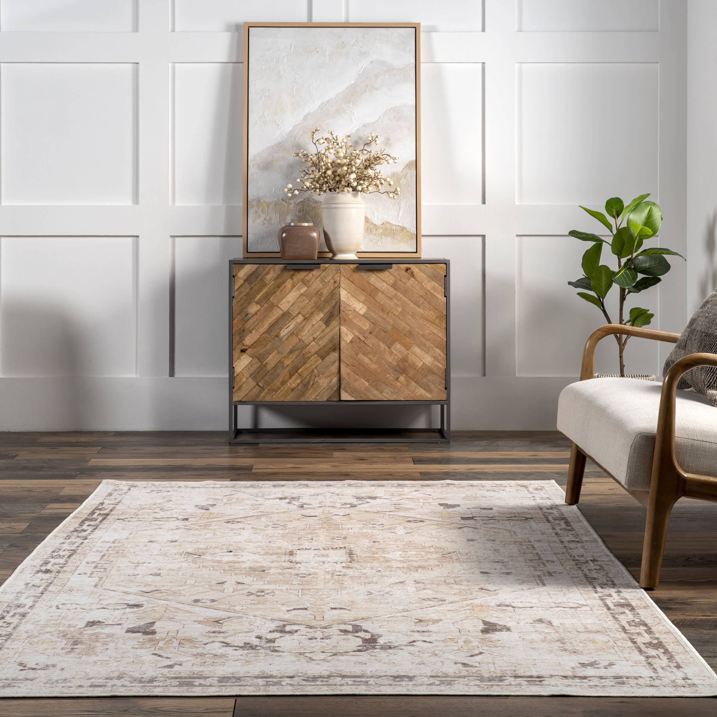 Davie Medallion Washable Rug | Beige - Image 4
