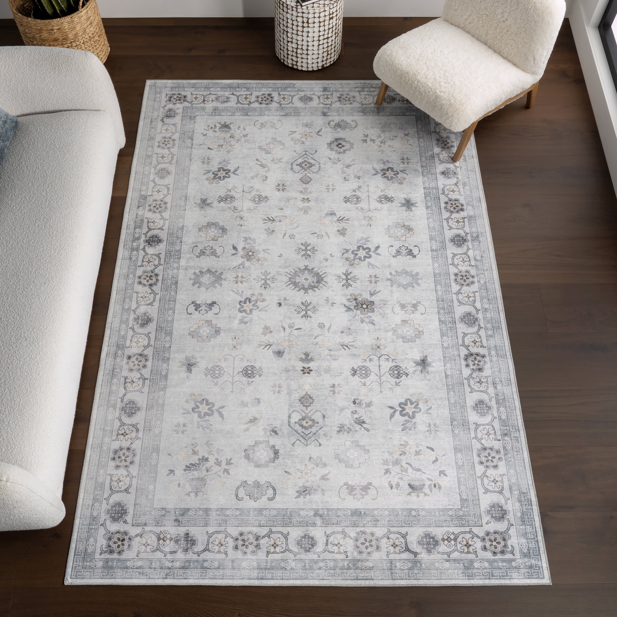 Dayflower Vintage Spill Proof Washable Rug | Light Grey - Image 2