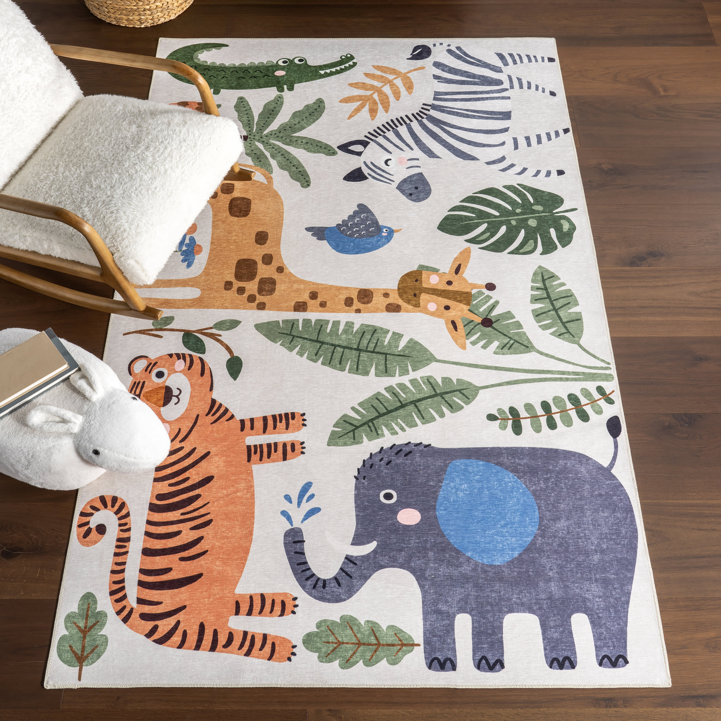 Debra Kids Spill Proof Washable Jungle Friends Rug | White Multicolor - Image 2