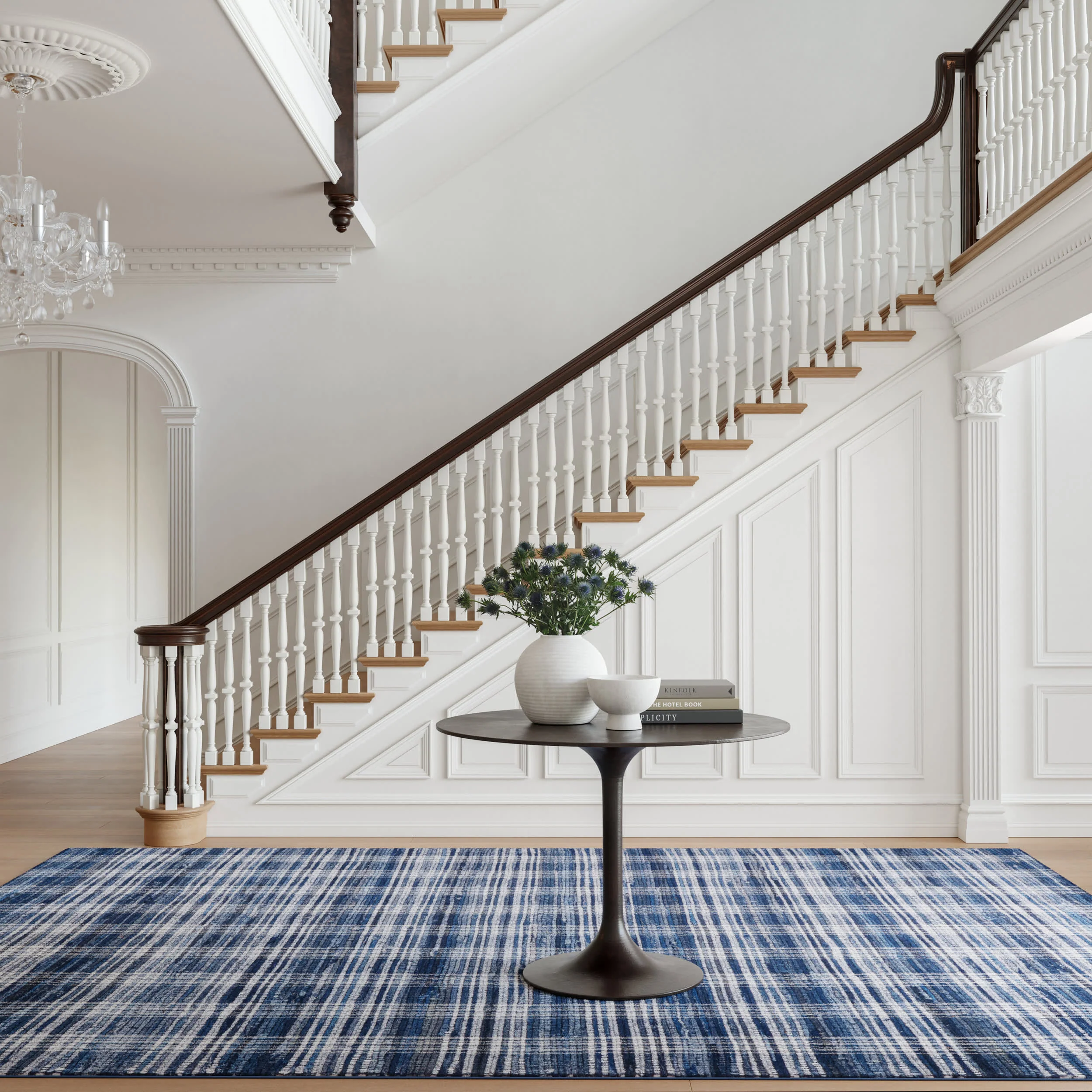 Denim Plaid Machine Washable Rug | Blue - Image 2