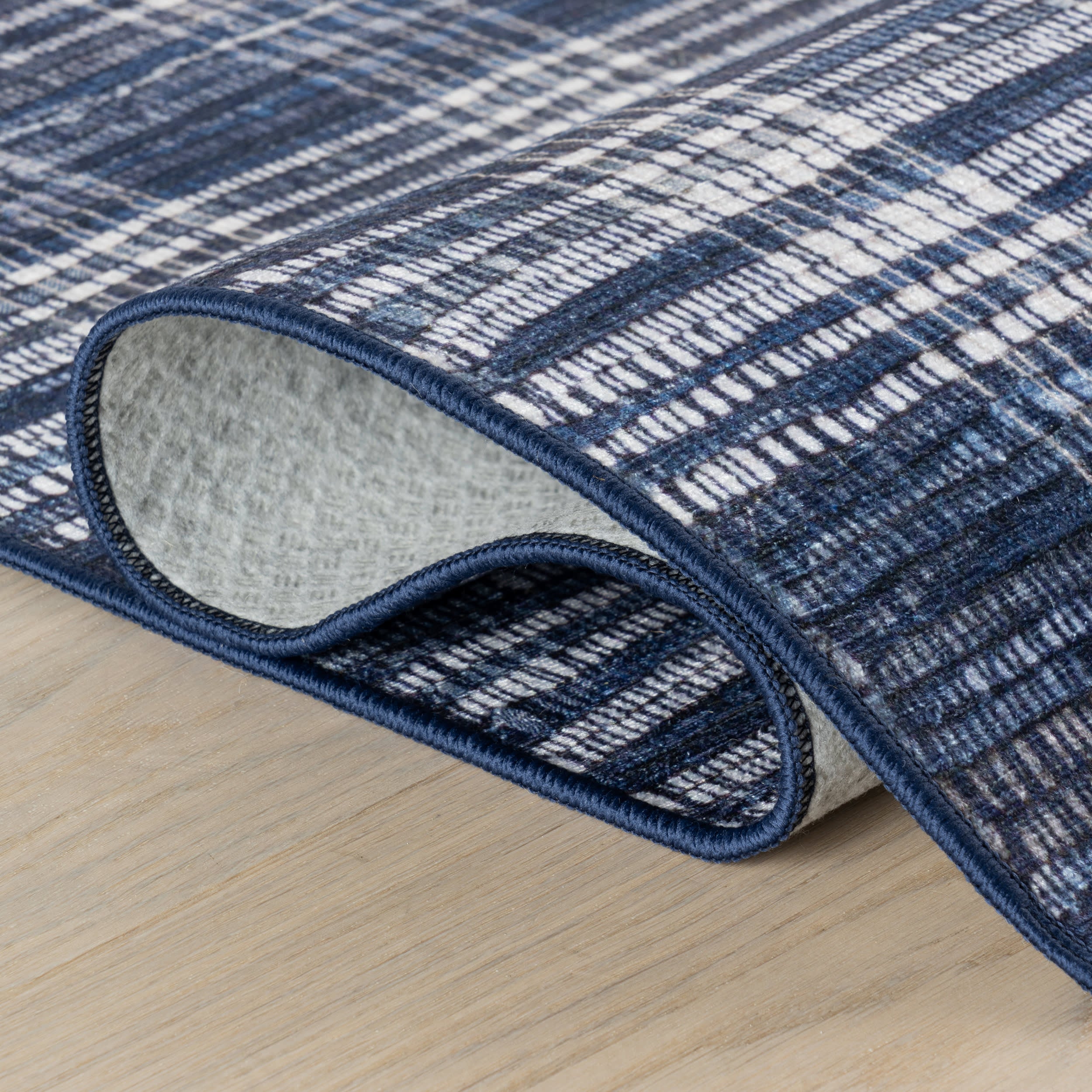 Denim Plaid Machine Washable Rug | Blue - Image 3