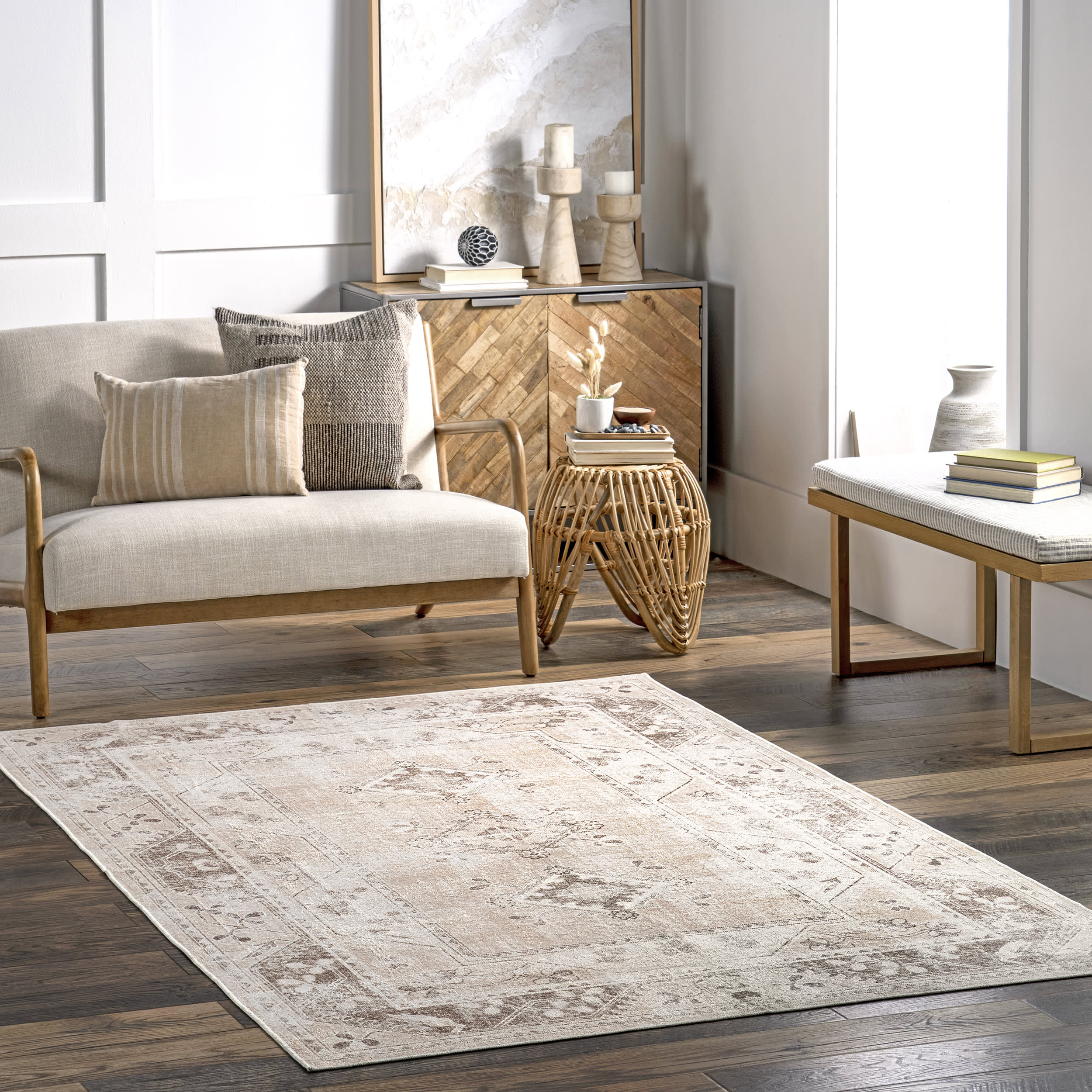 Devi Medallion Washable Rug | Beige - Image 2