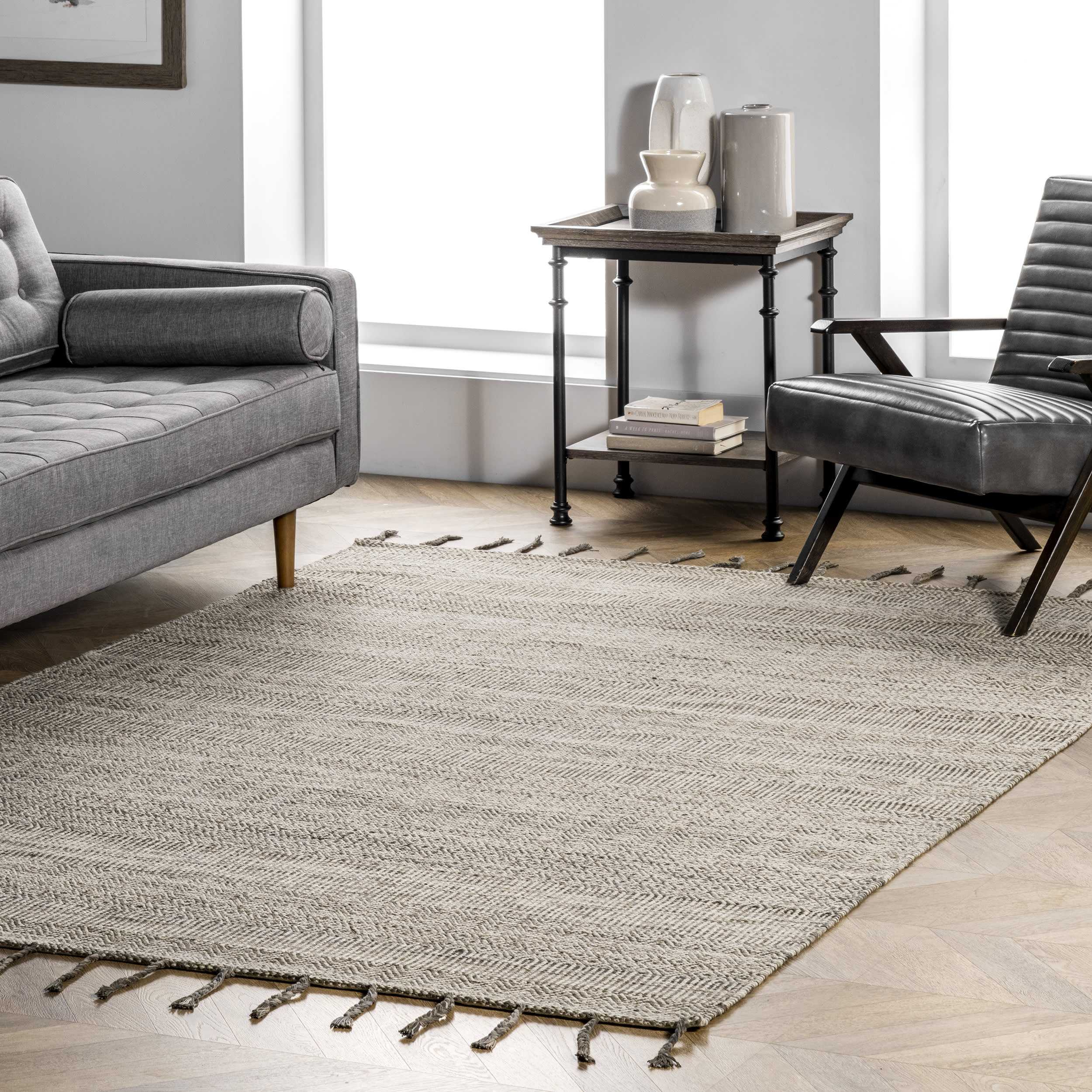 Diamond Chevron Bands Tasseled Rug | Beige - Image 2