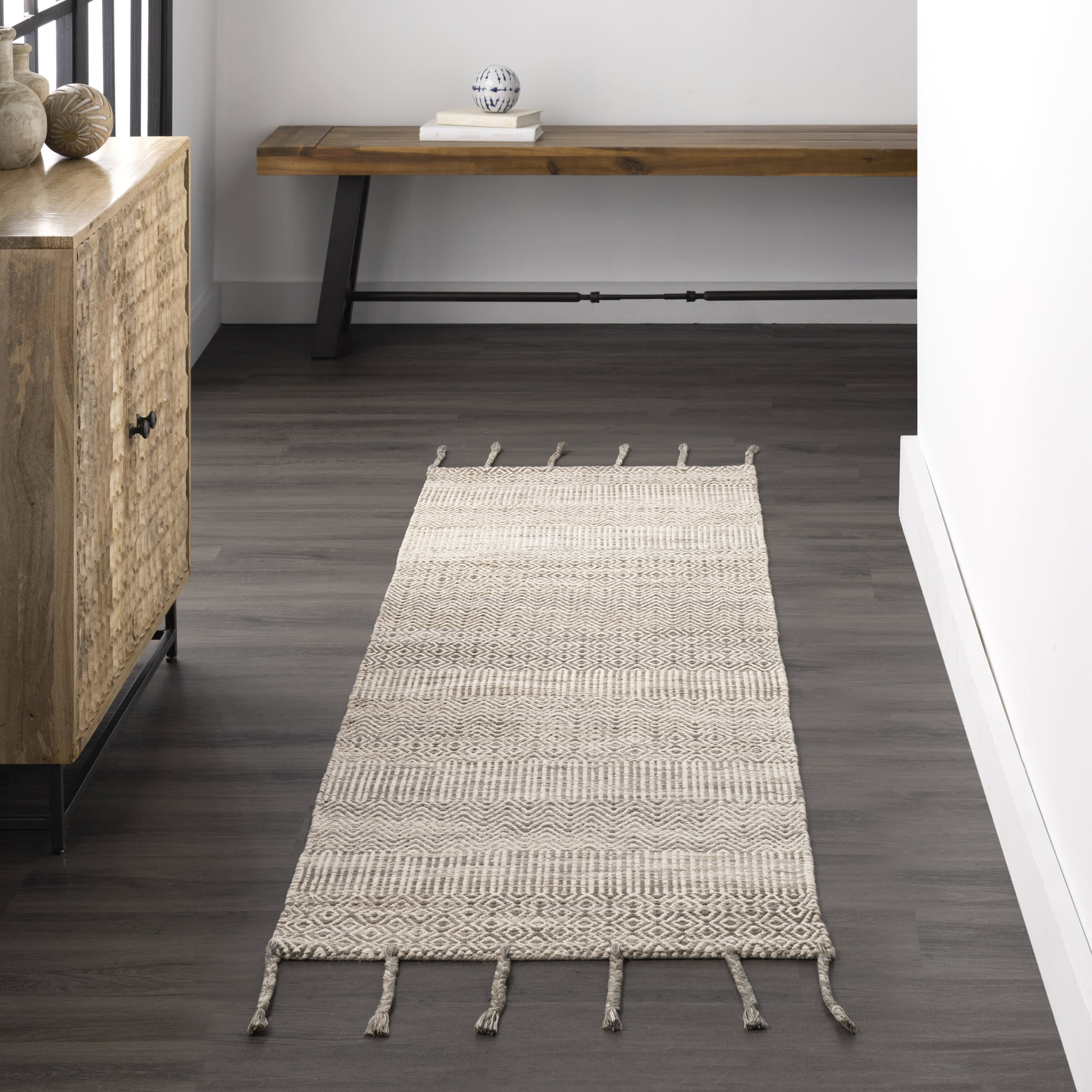 Diamond Chevron Bands Tasseled Rug | Beige - Image 2