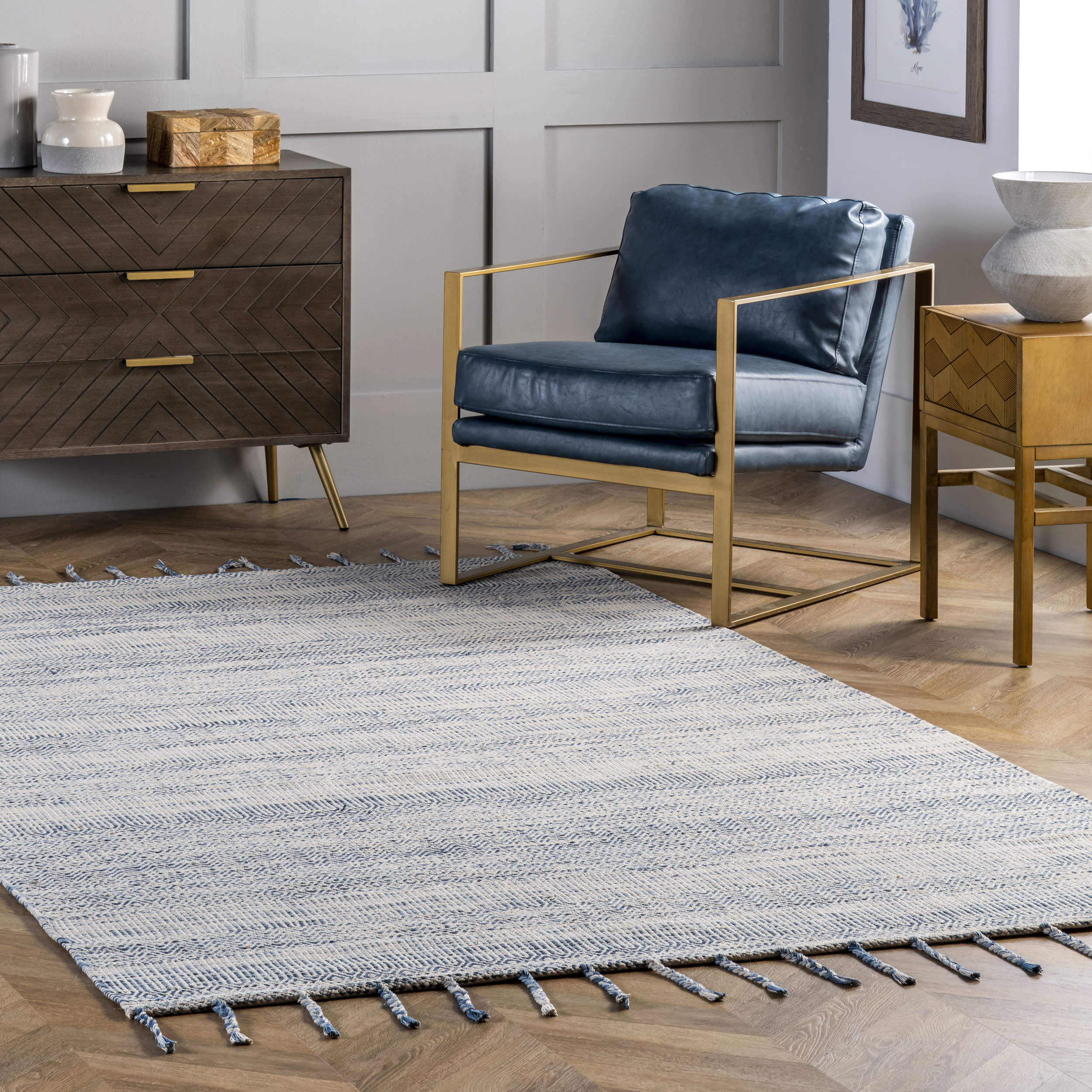 Diamond Chevron Bands Tasseled Rug | Blue - Image 2