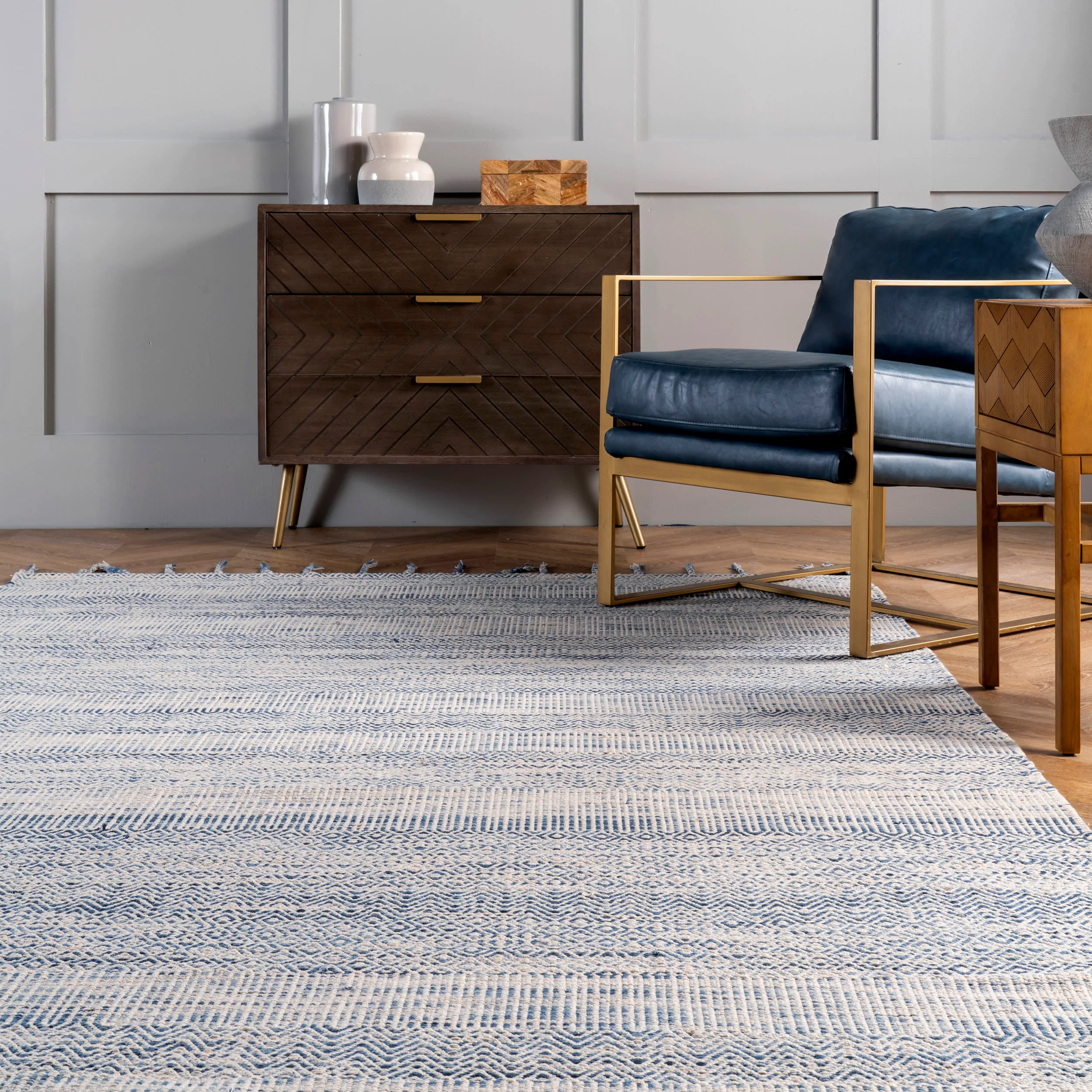 Diamond Chevron Bands Tasseled Rug | Blue - Image 4