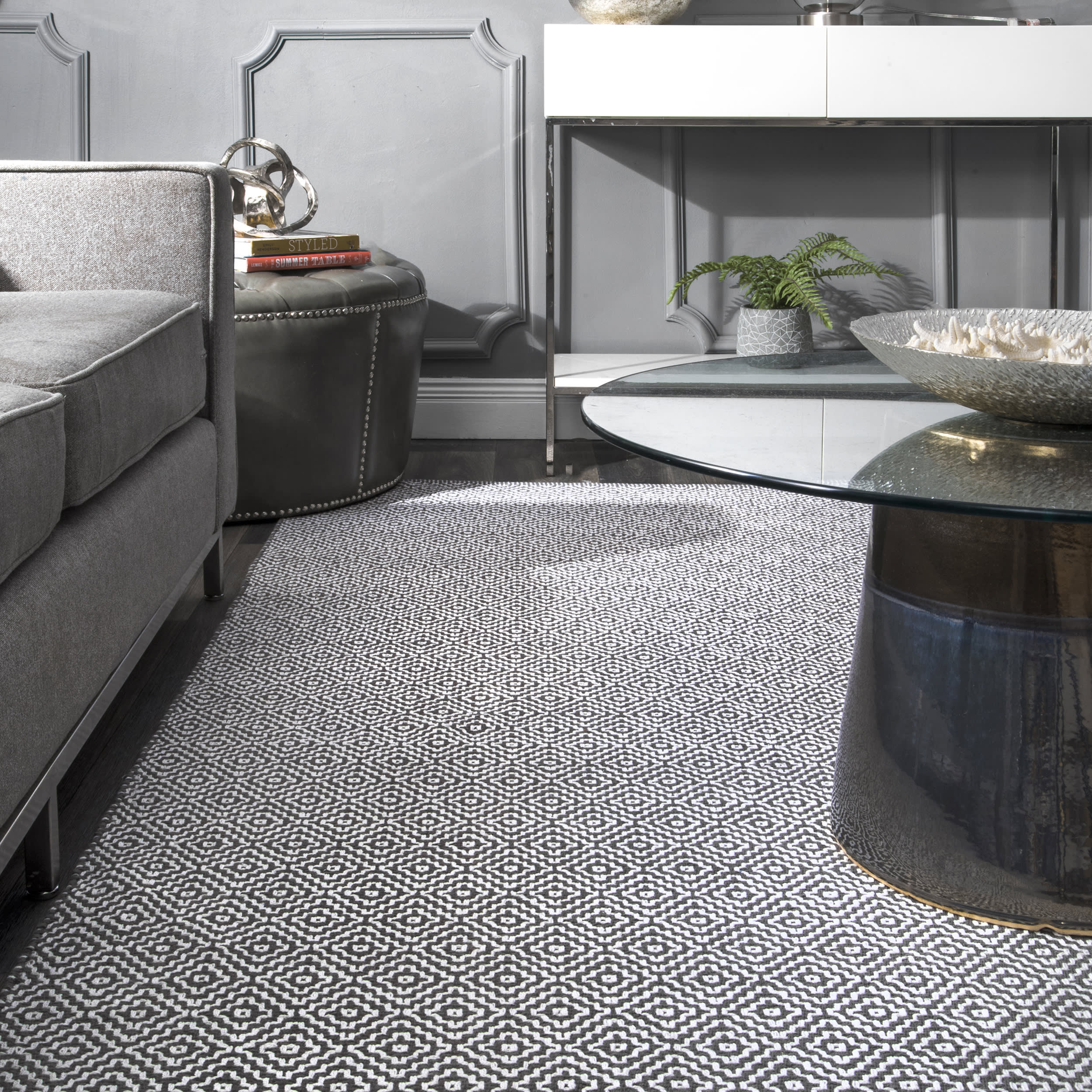 Diamond Cotton Check Flatwoven Rug | Grey - Image 4