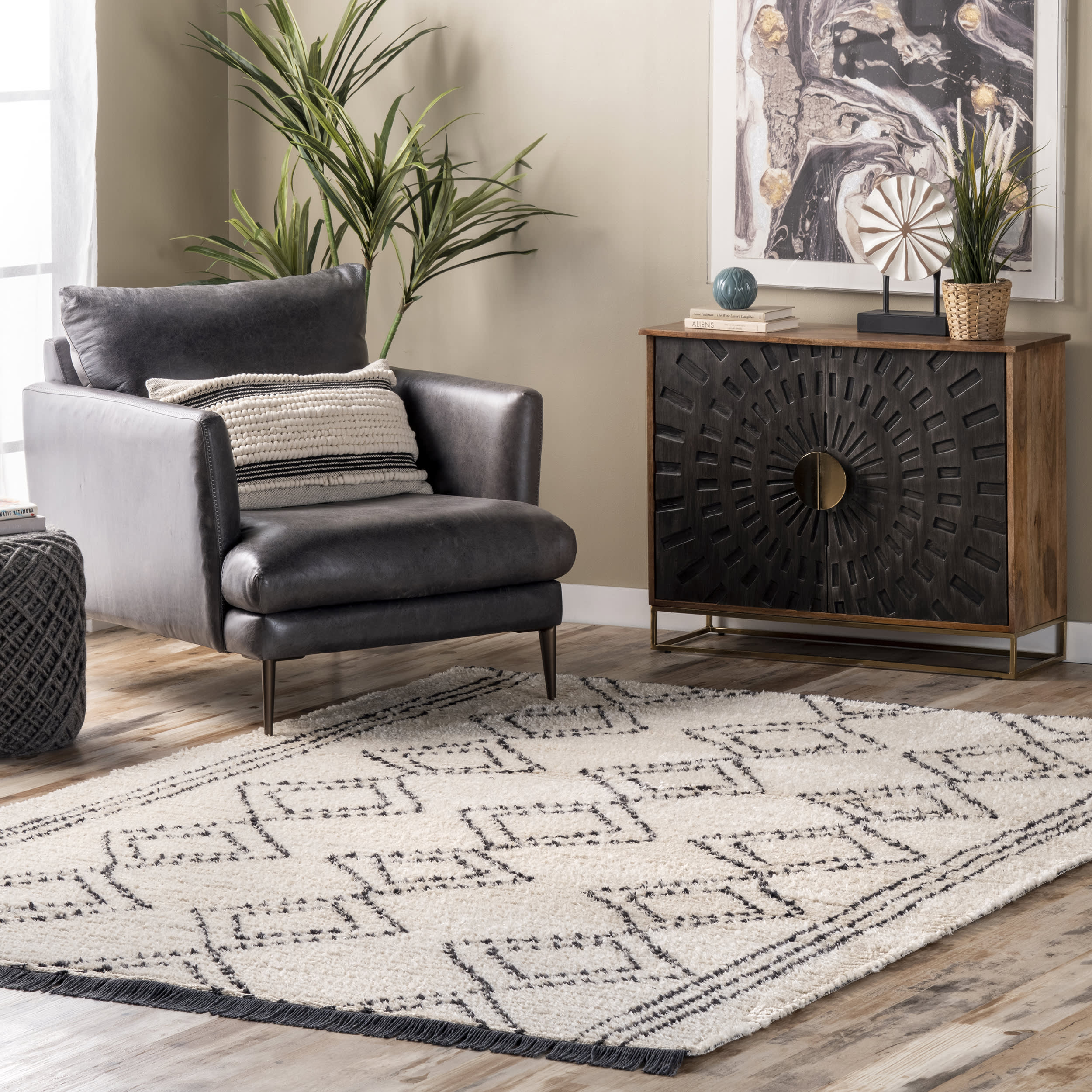 Diamond Galore Tasseled Rug | Beige - Image 2