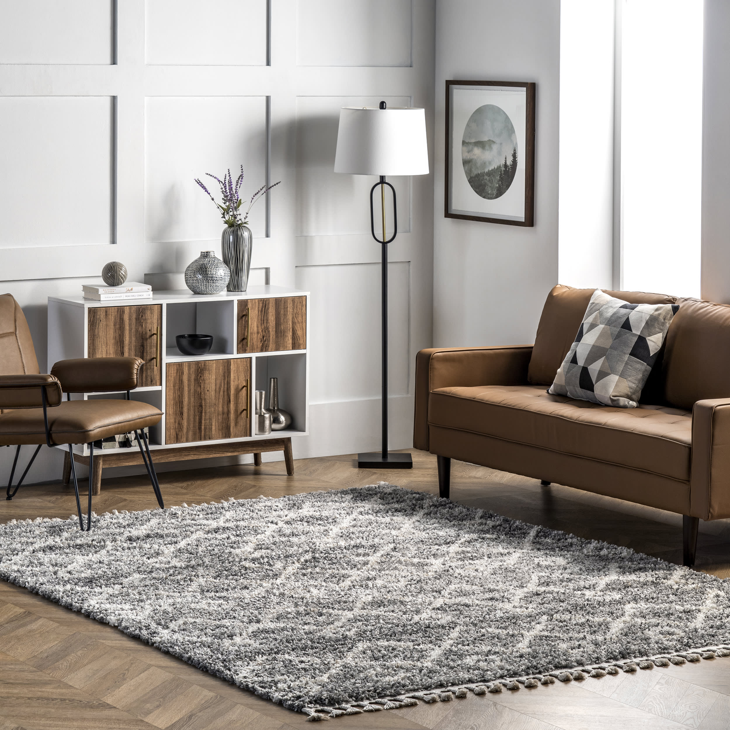 Diamond Moroccan Shag With Tassels Rug | Grey - Image 2