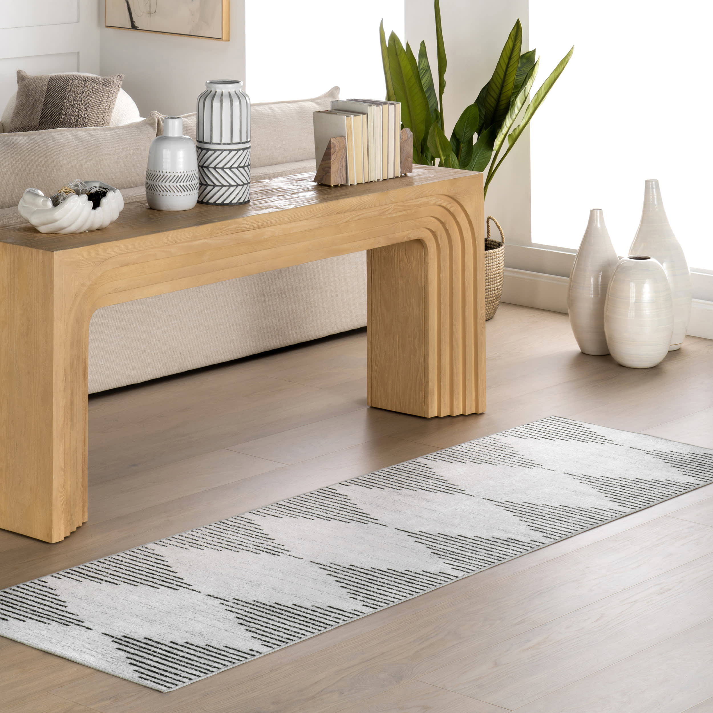 Diamond Pinstripes Spill Proof Washable Rug | White - Image 2