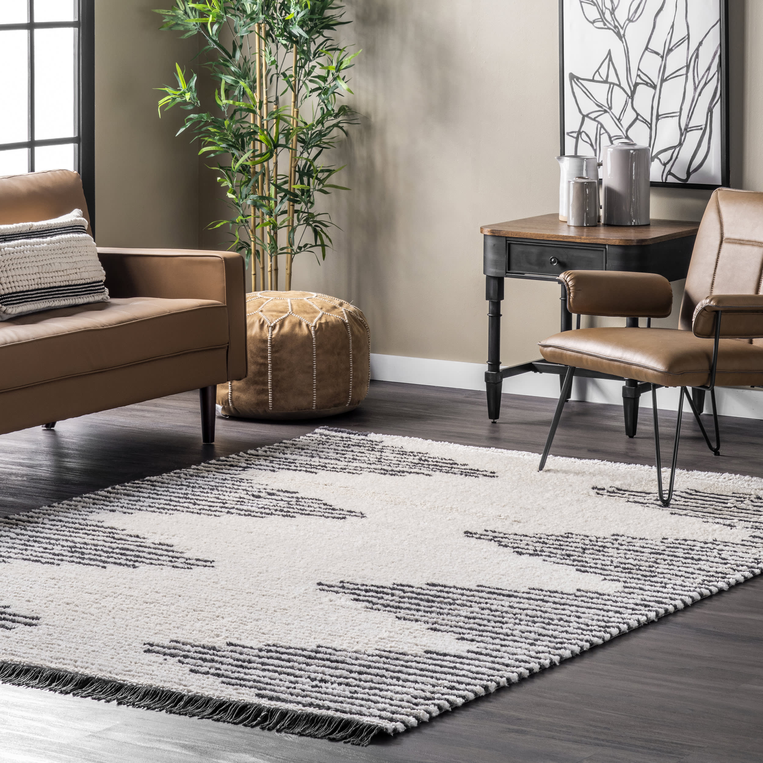 Diamond Pinstripes Tasseled Rug | Beige - Image 2