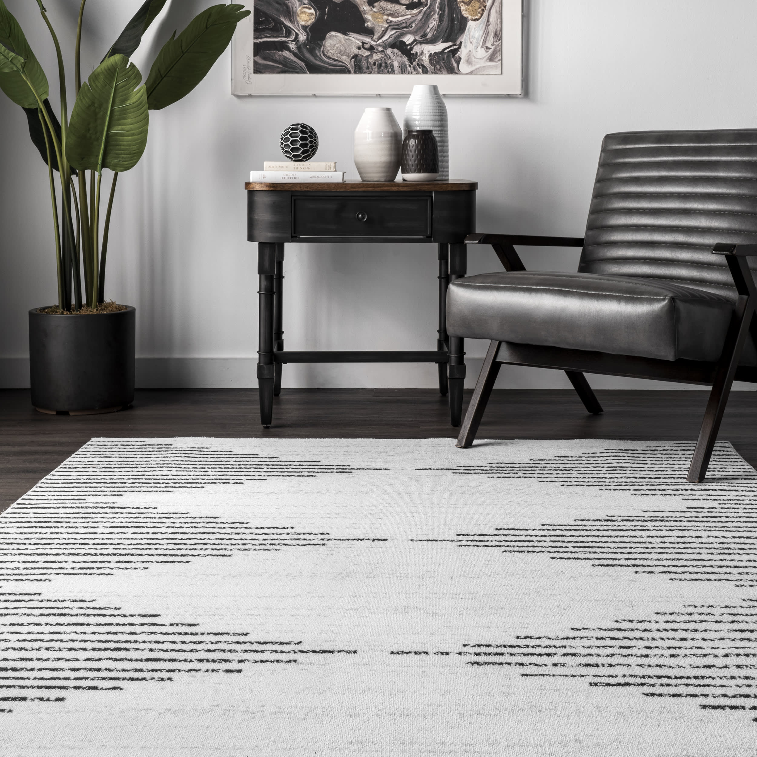 Diamond Pinstripes Washable Rug | White - Image 4