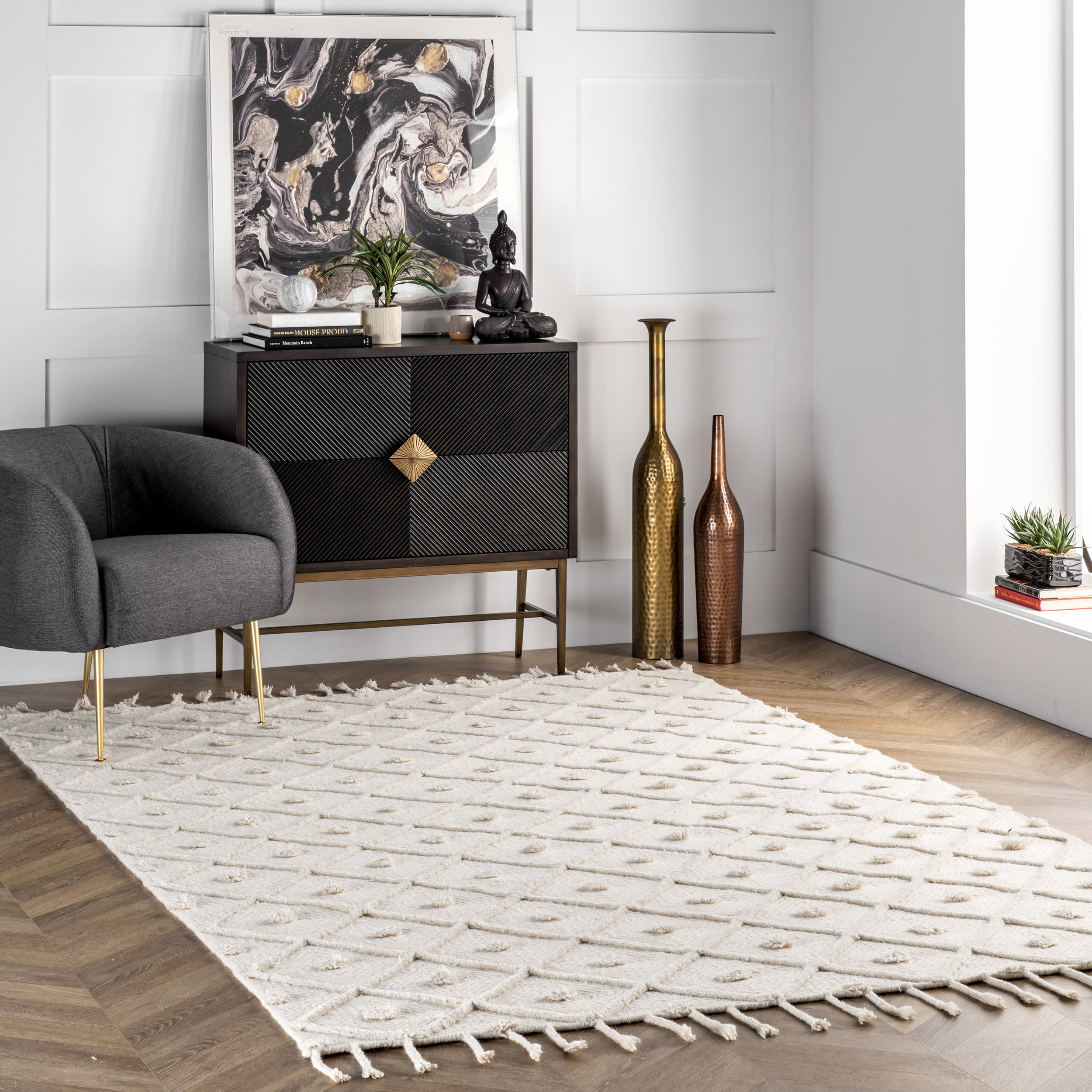 Diamond Textured Trellis Tassel Rug | Ivory - Image 2