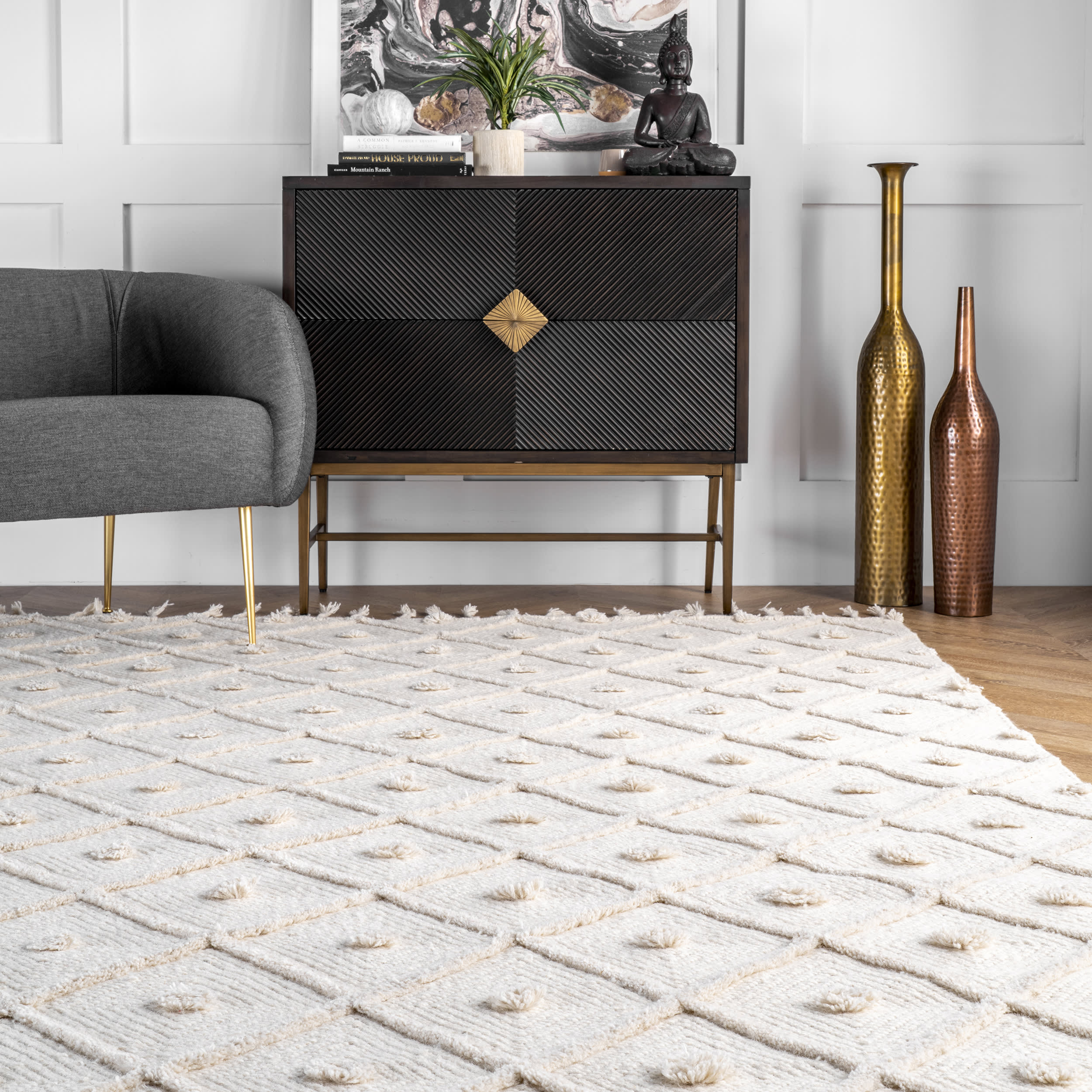 Diamond Textured Trellis Tassel Rug | Ivory - Image 4