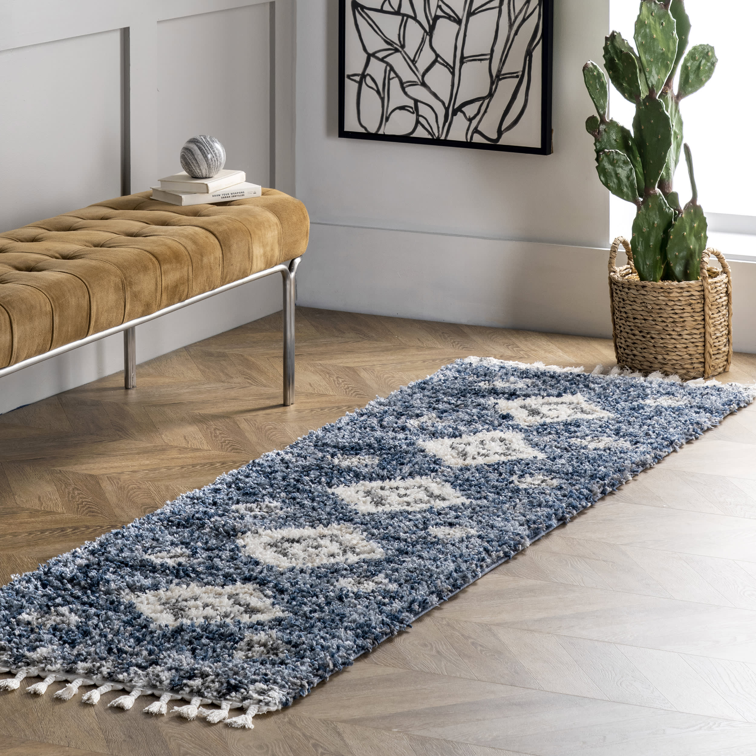 Diamond Totem Shag With Tassels Rug | Blue - Image 2