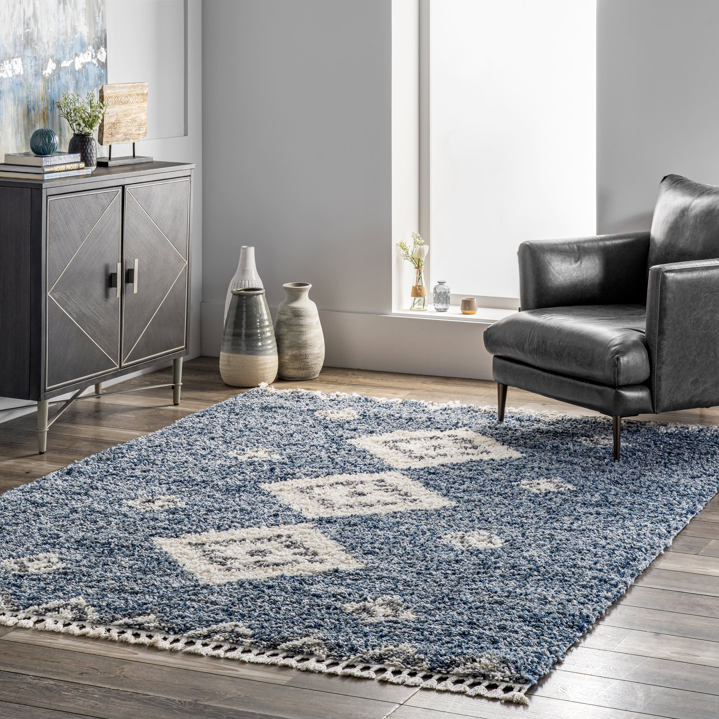 Diamond Totem Shag With Tassels Rug | Blue - Image 2