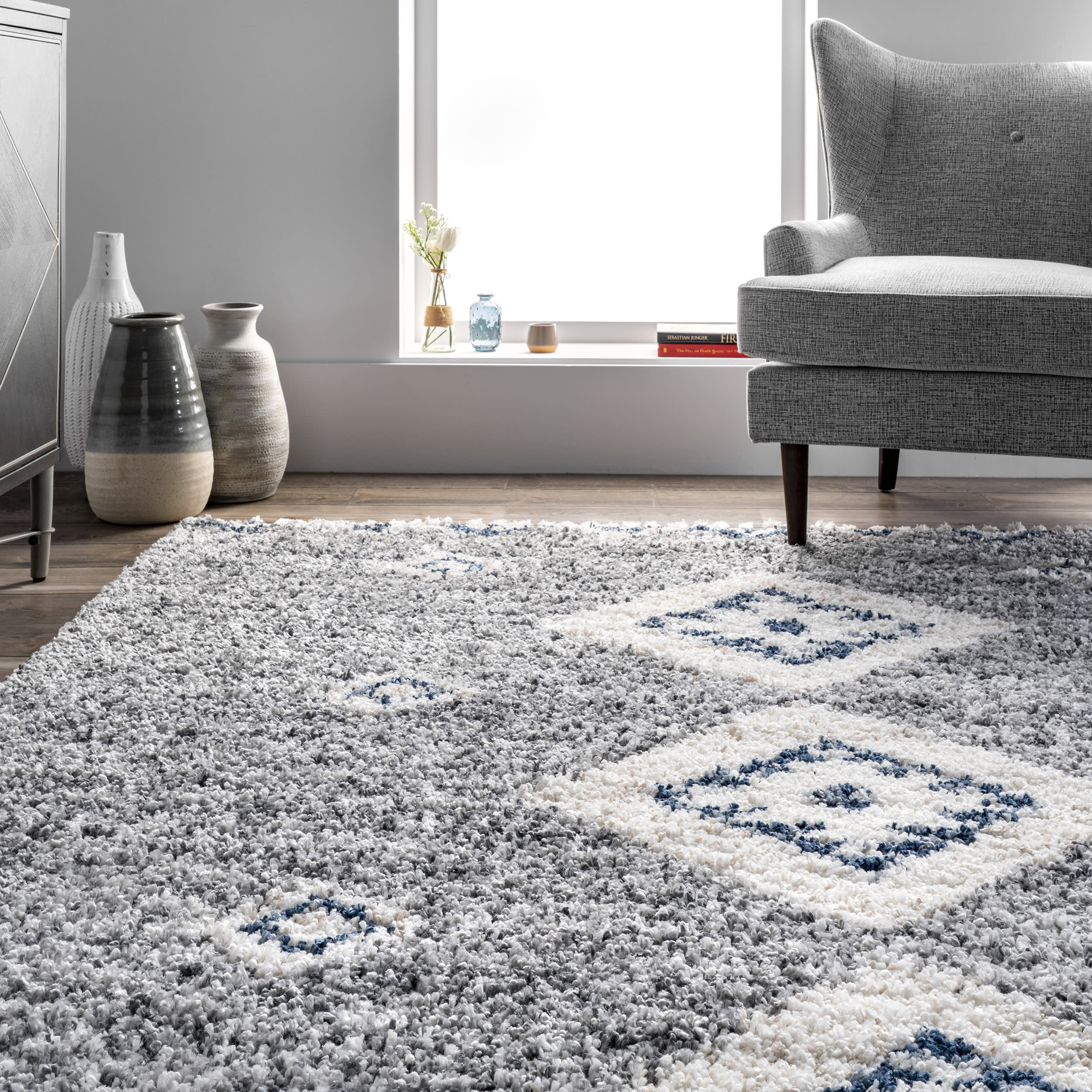 Diamond Totem Shag With Tassels Rug | Grey - Image 4