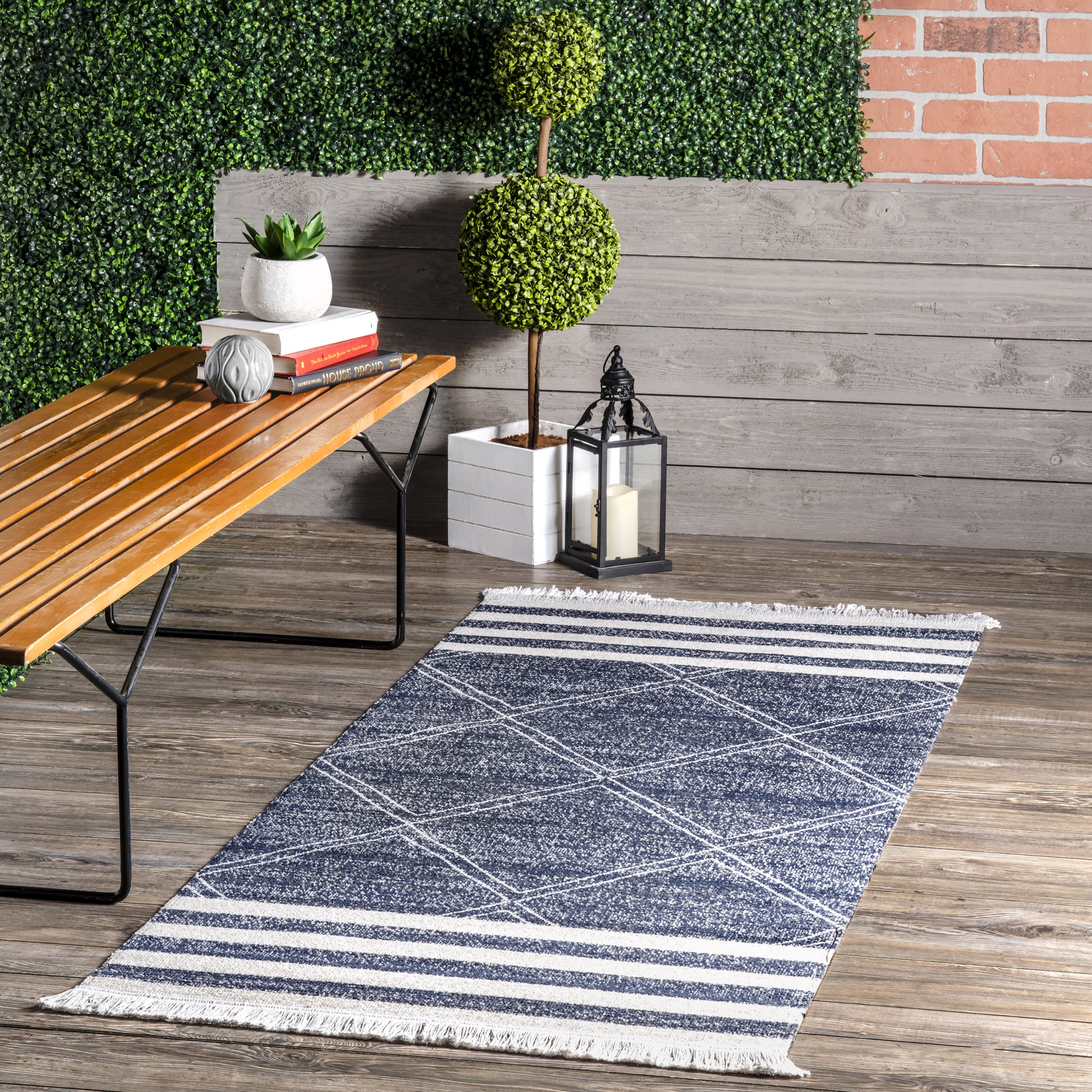 Diamonds And Stripes Fringe Indoor/Outdoor Rug | Navy - Image 2
