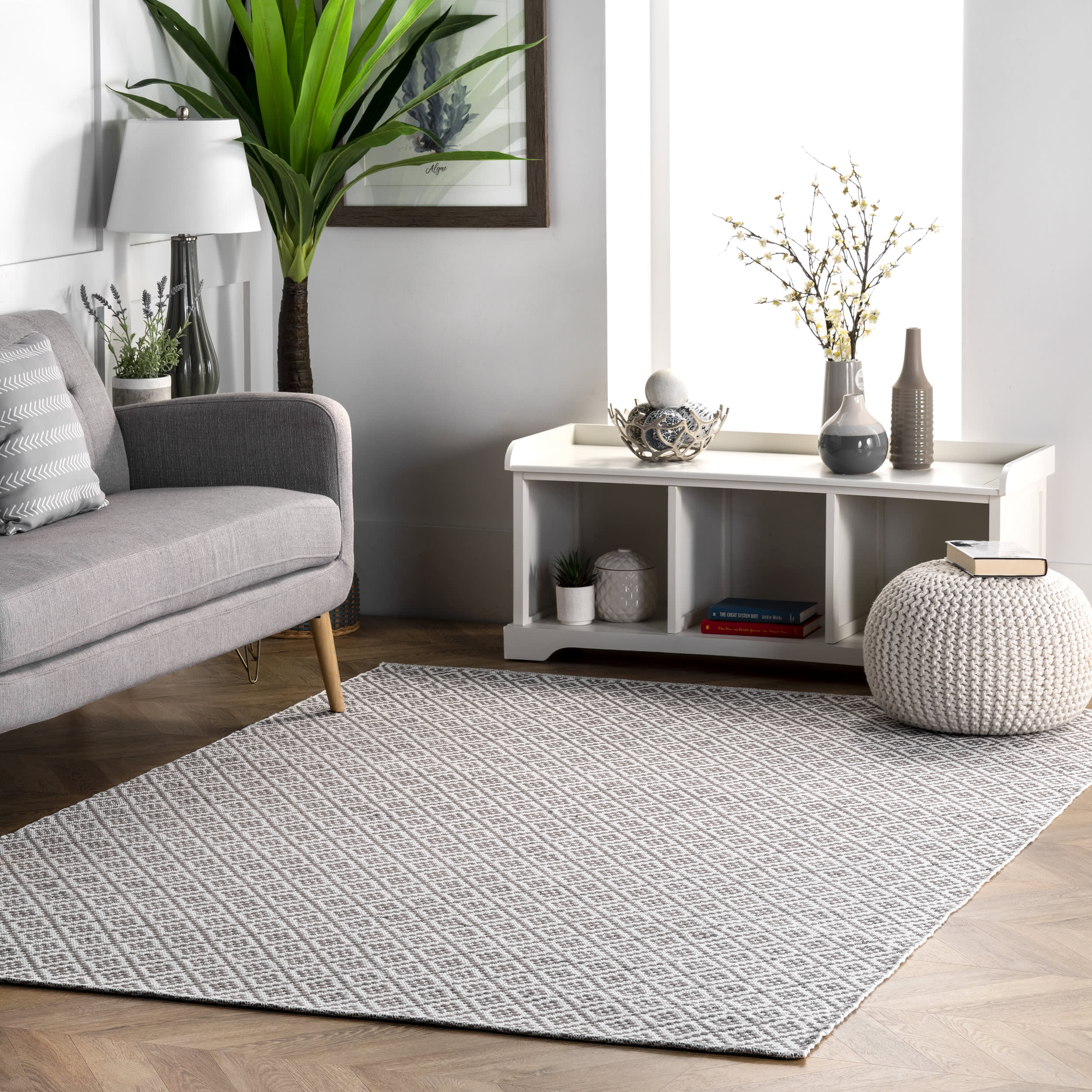 Diamonds Cotton Trellis Flatwoven Rug | Grey - Image 2