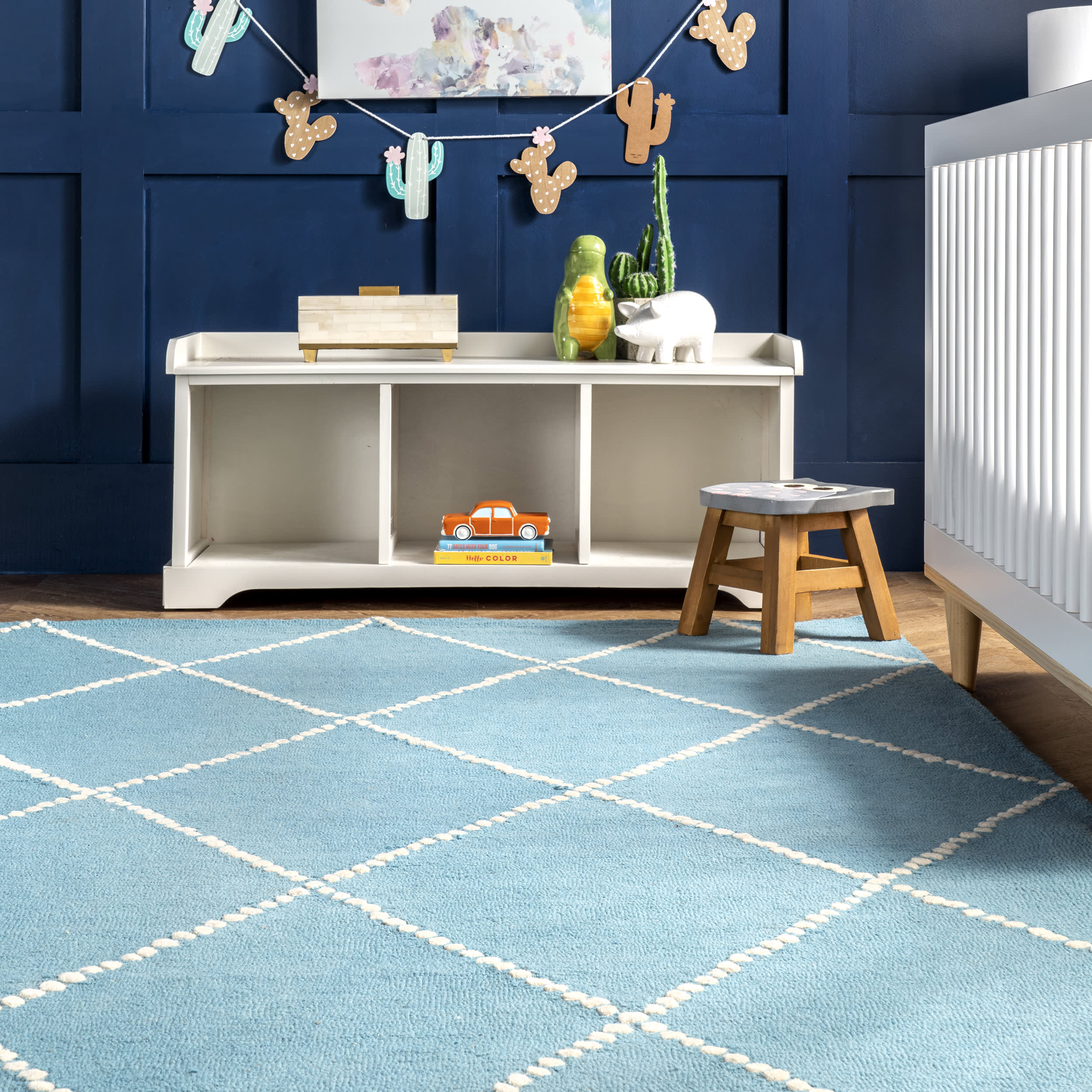 Dotted Diamond Trellis Nursery Rug | Aqua - Image 4