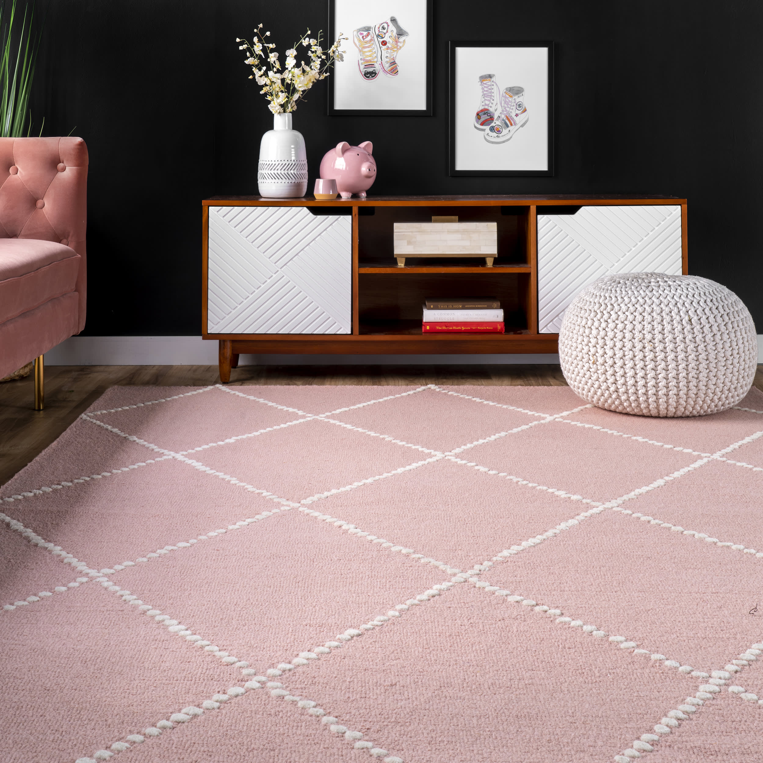 Dotted Diamond Trellis Nursery Rug | Baby Pink - Image 4