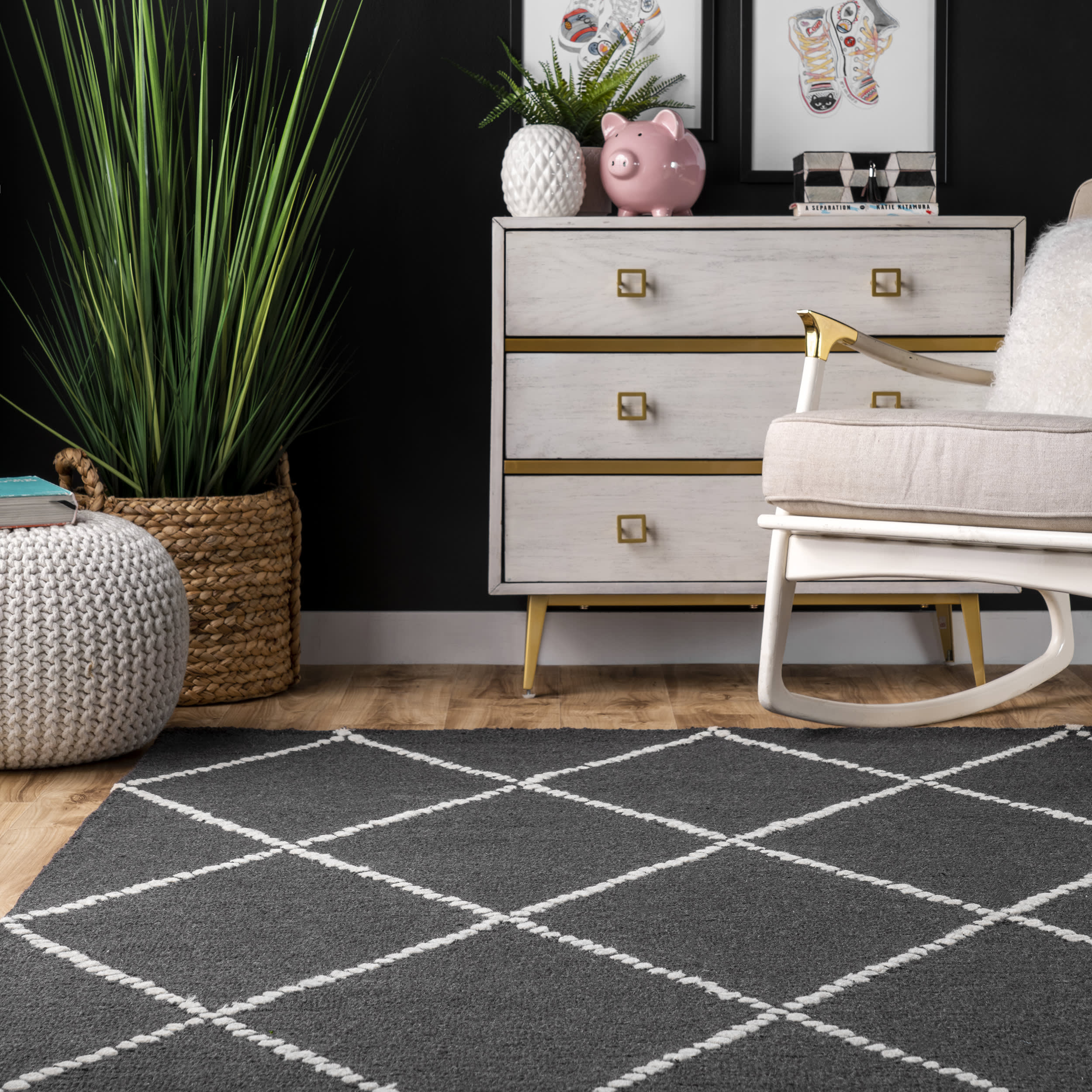 Dotted Diamond Trellis Nursery Rug | Charcoal - Image 4