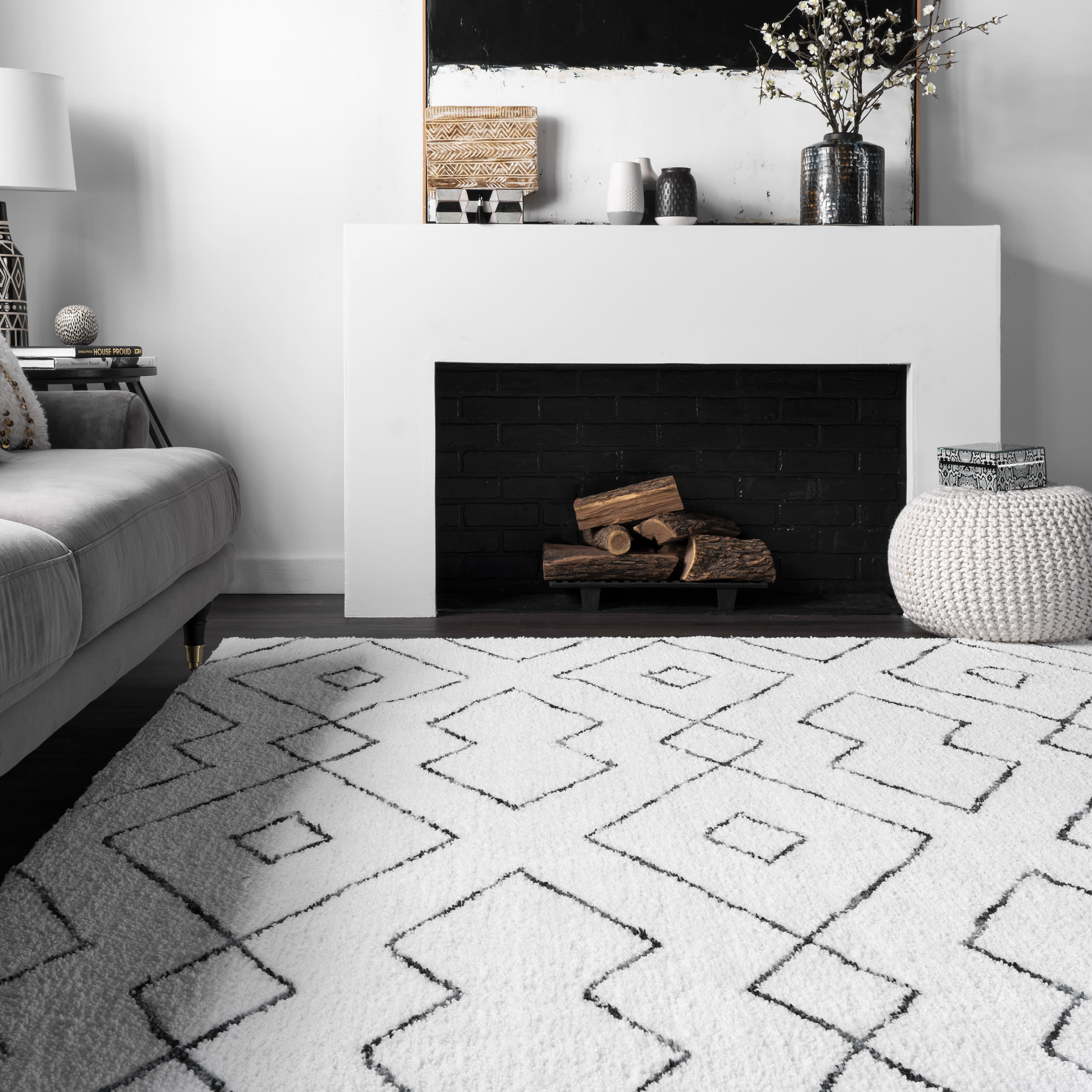 Double Diamond Lattice Shag Rug | White - Image 3