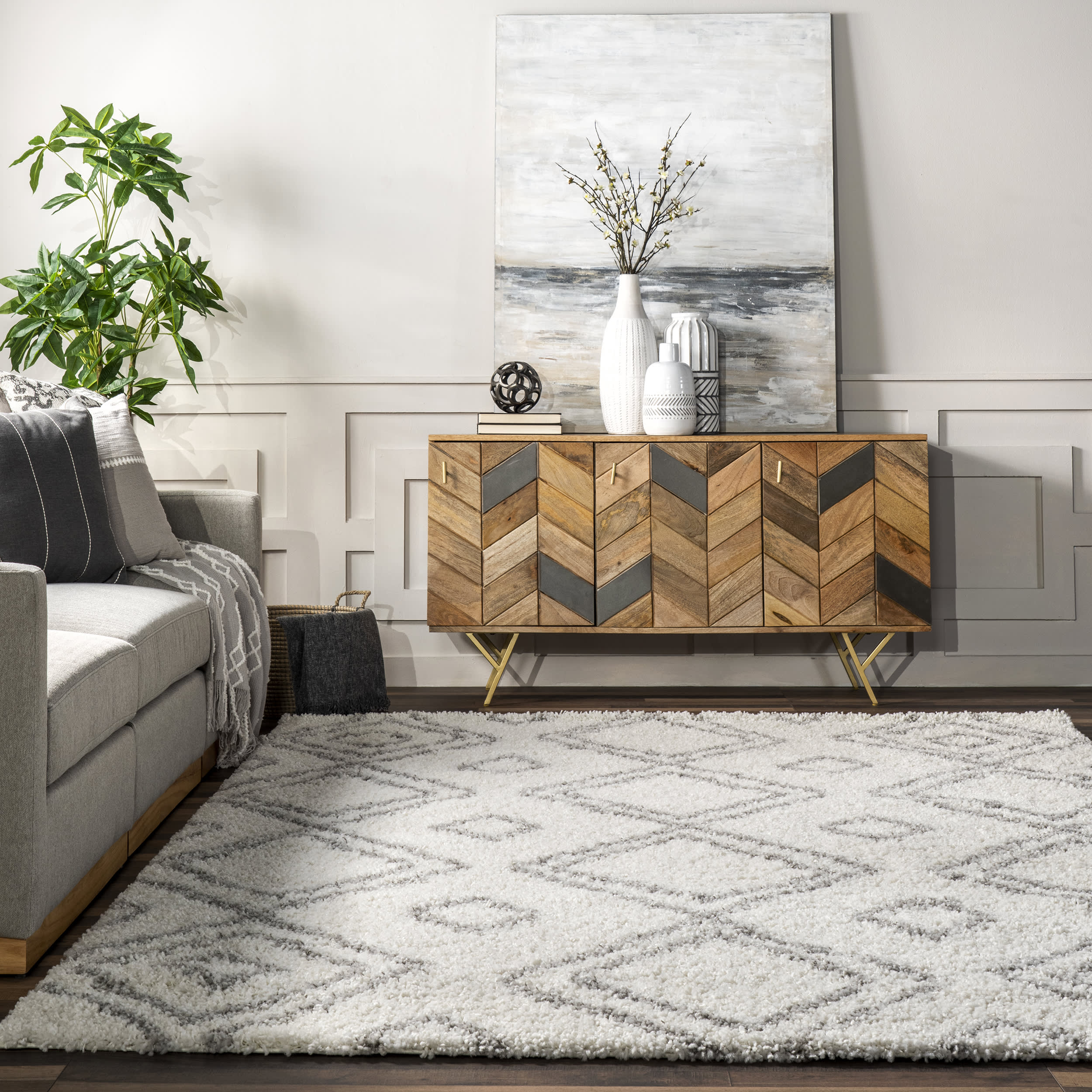 Double Diamond Shag Rug | White - Image 4
