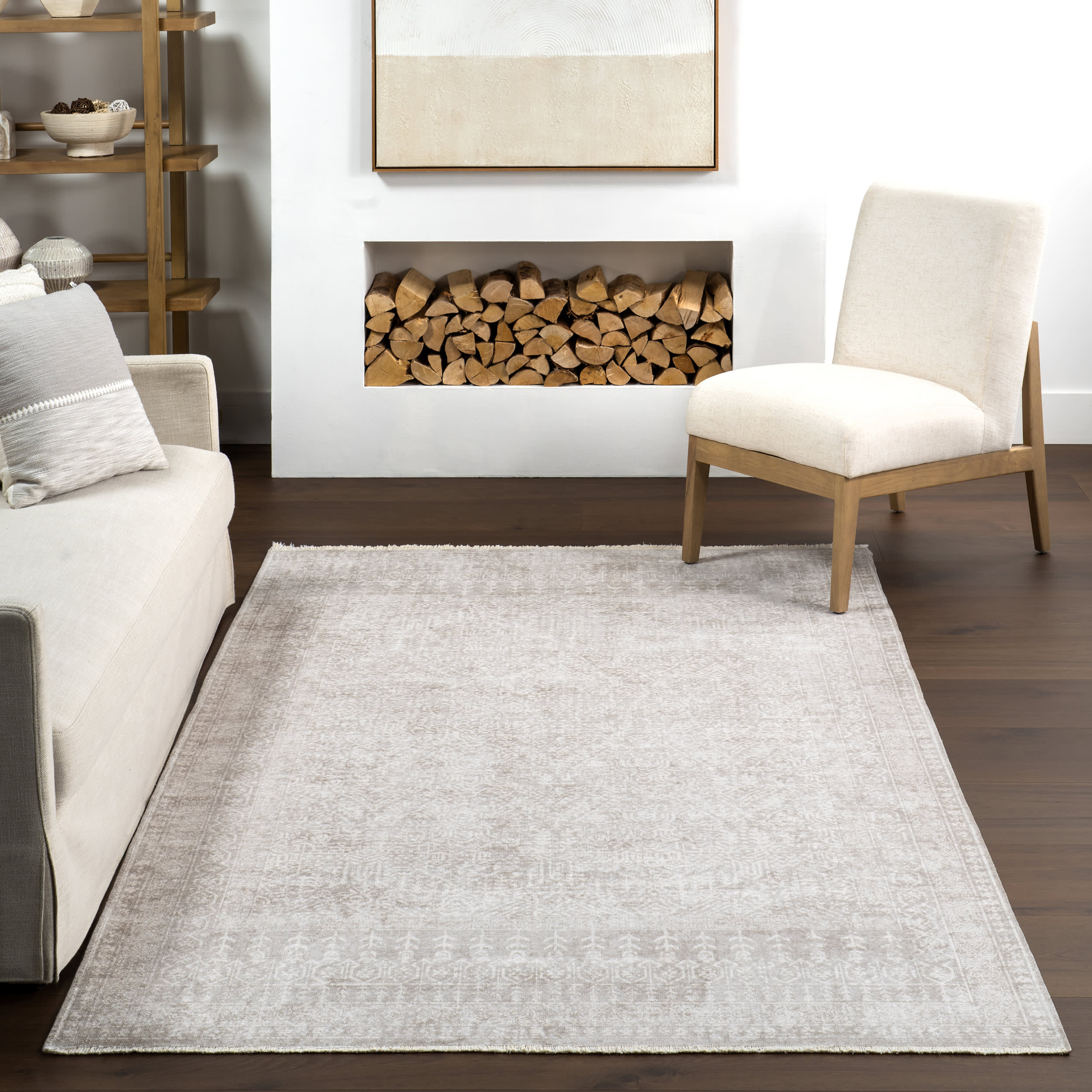 Edna Fringed Vintage Medallion Washable Rug | Light Grey - Image 5