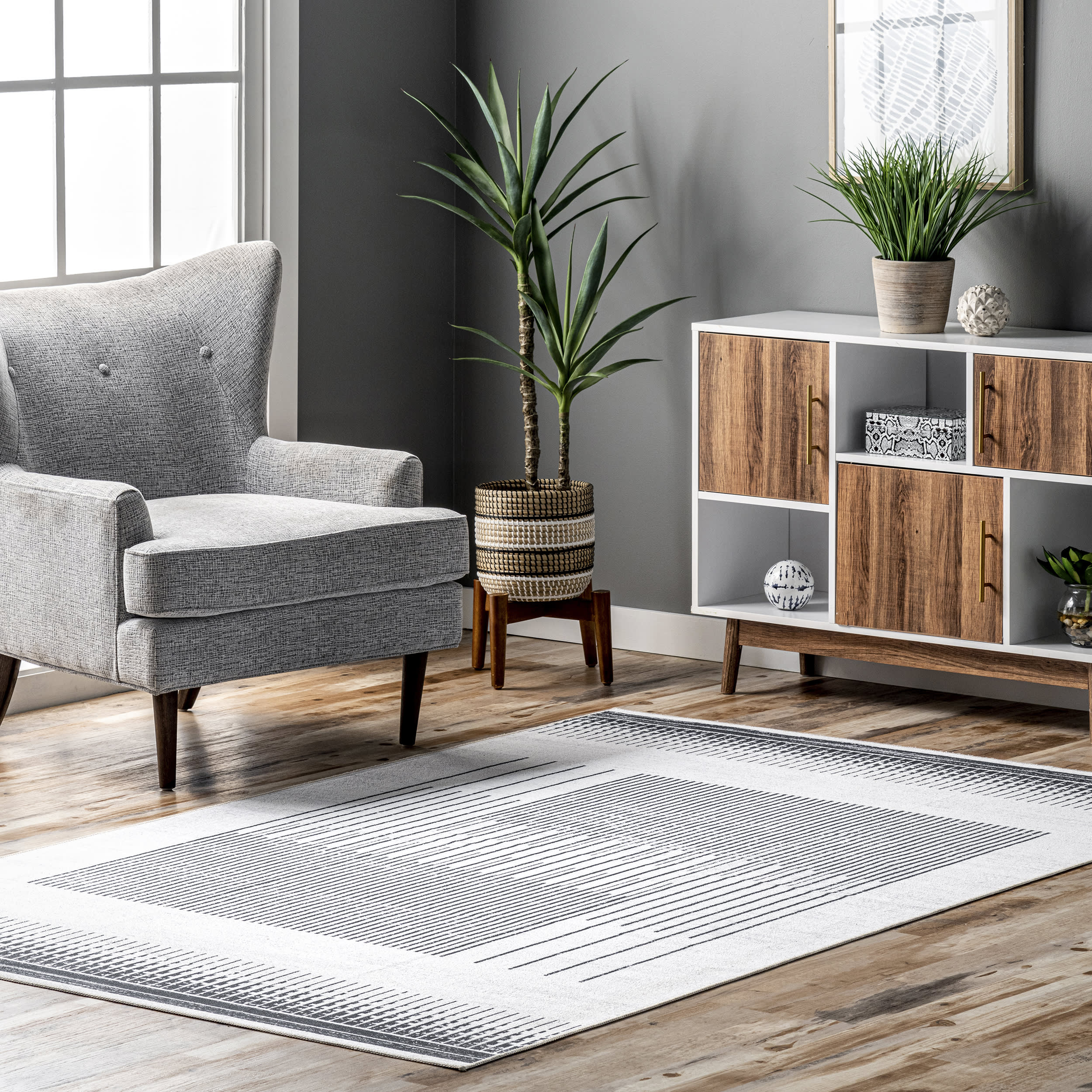 Eileen Linear Puzzle Washable Rug | Grey - Image 2