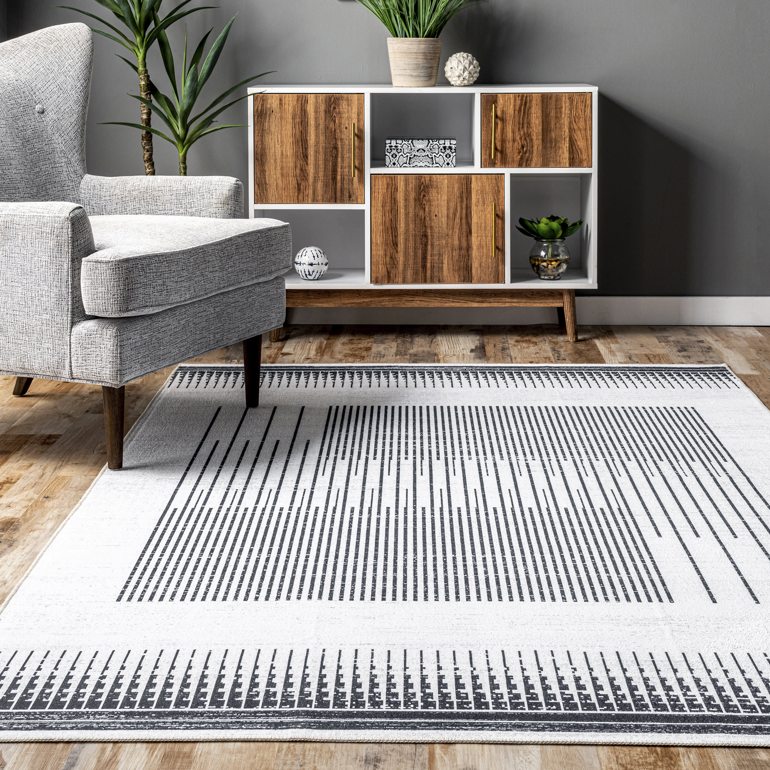 Eileen Linear Puzzle Washable Rug | Grey - Image 4