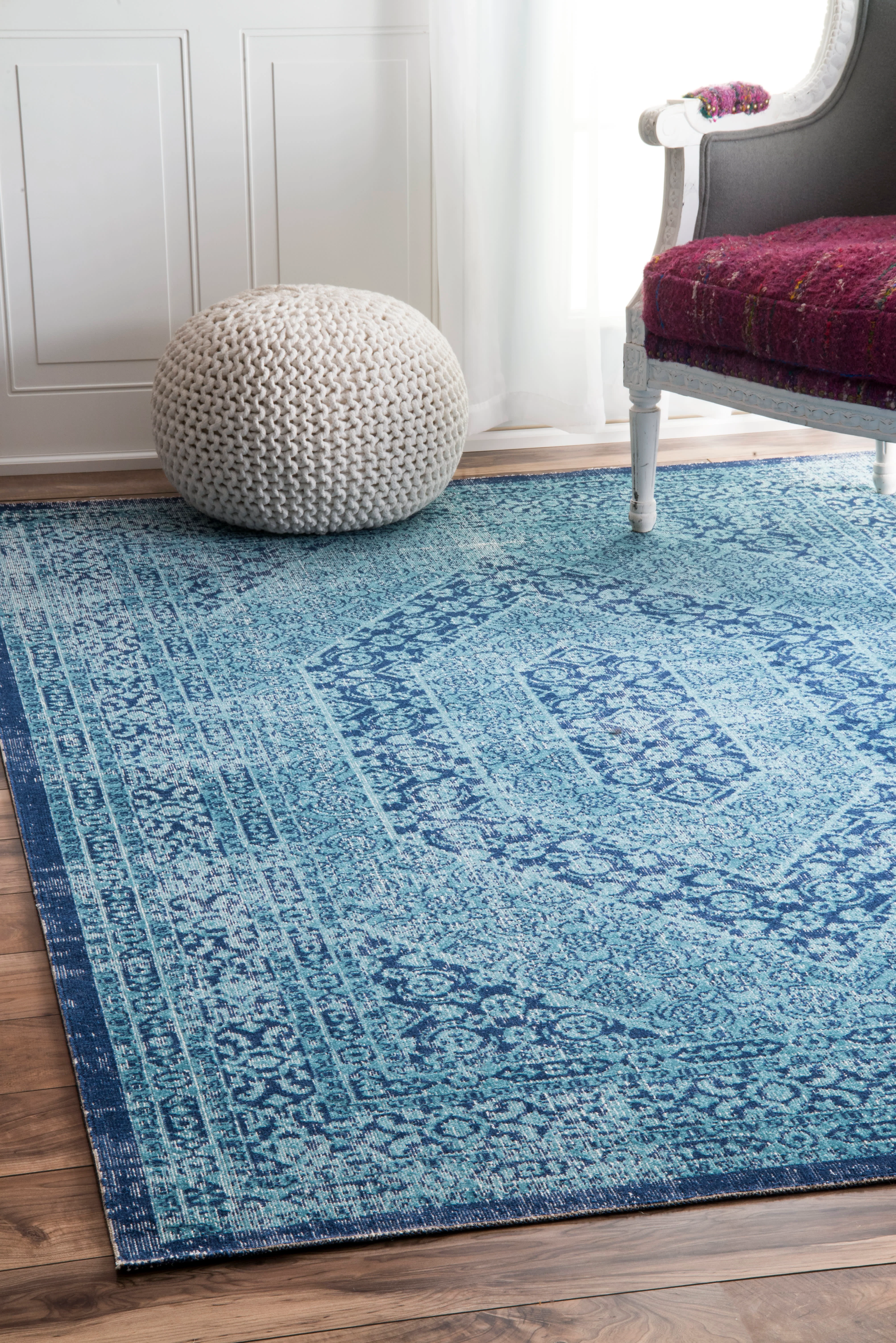 Elaborate Floral Garden Hexagons Rug | Blue - Image 2