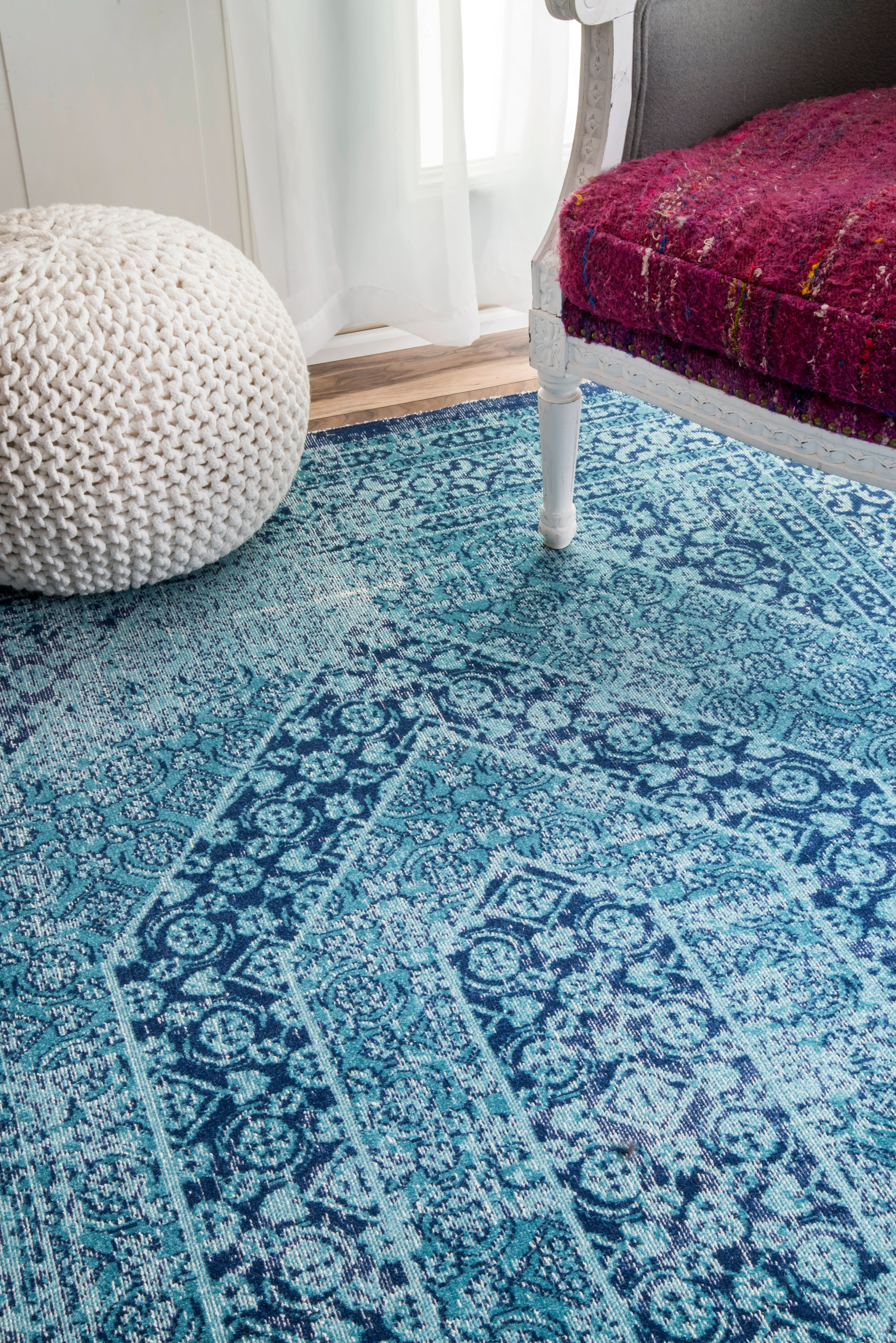 Elaborate Floral Garden Hexagons Rug | Blue - Image 4