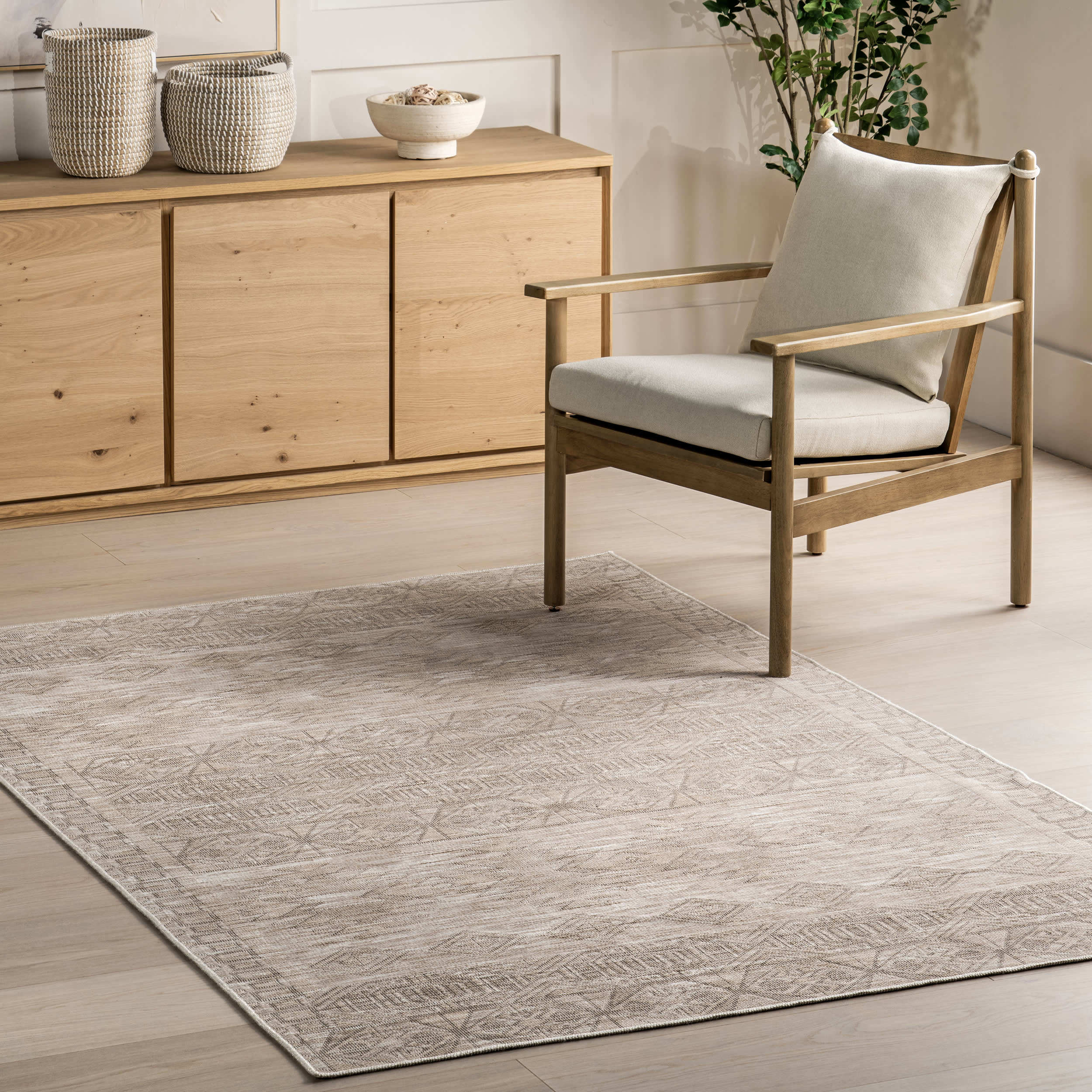 Elin Geometric Washable Rug | Beige - Image 2