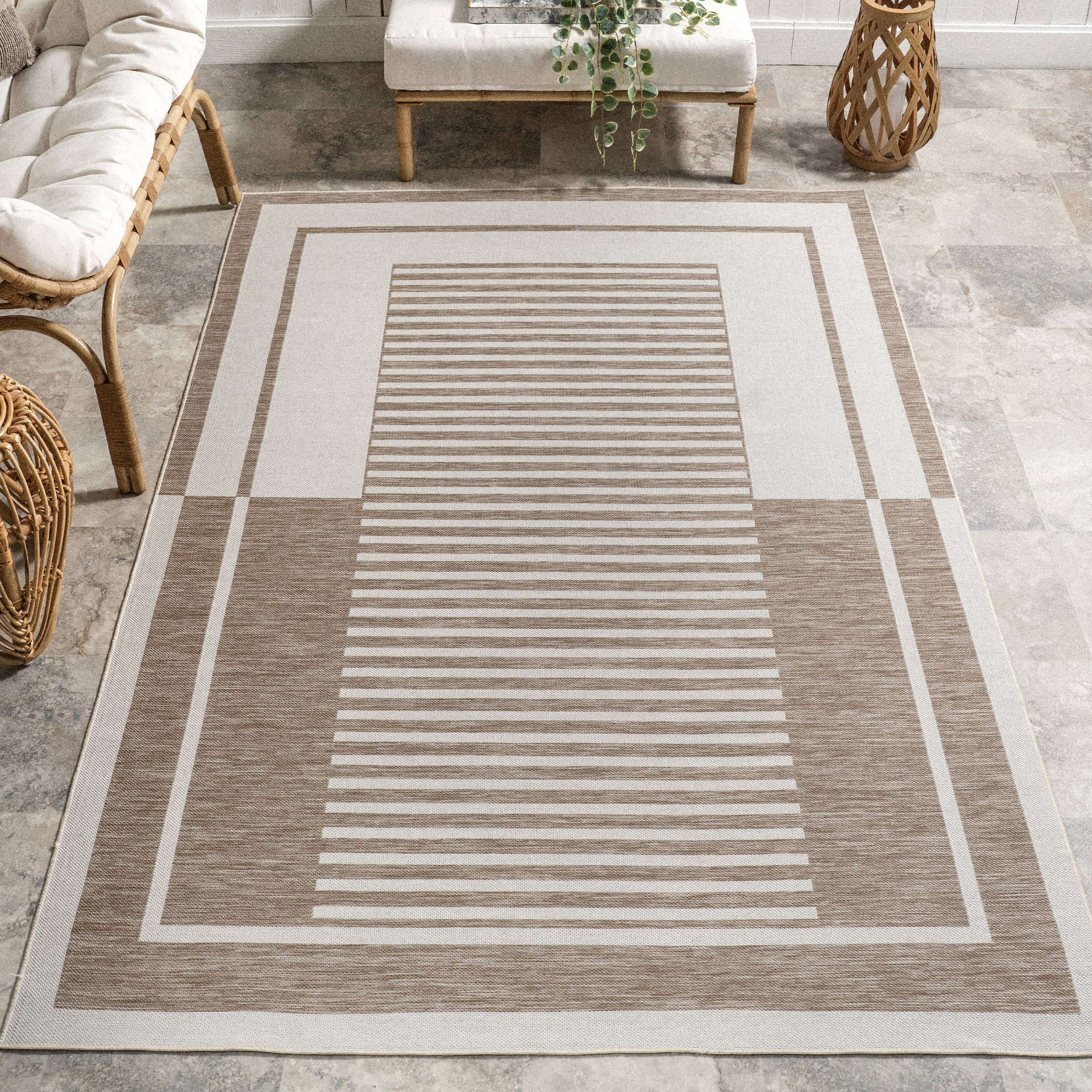 Elina Two-Toned Striped Indoor/Outdoor Rug | Beige - Image 2