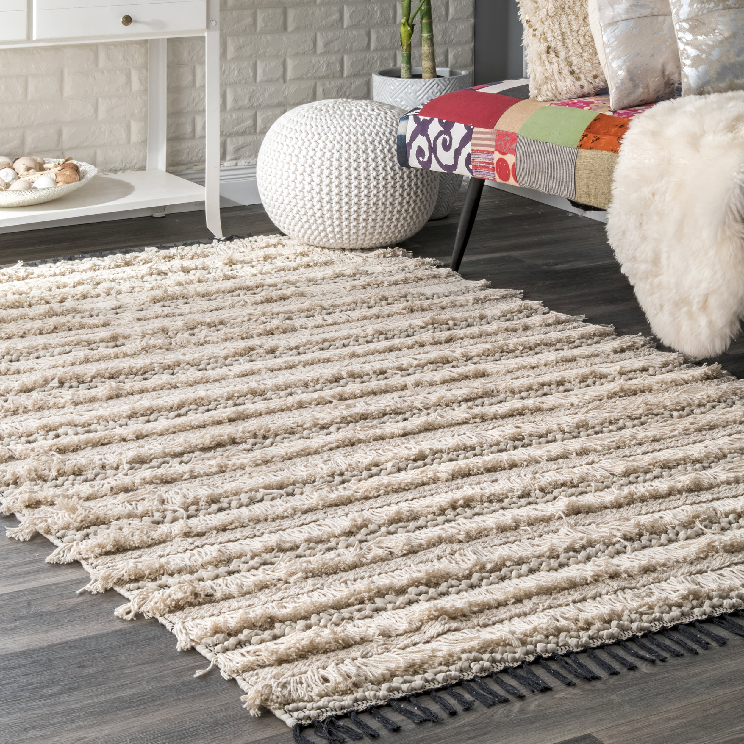 Ellena Handmade Tassel Rug | Beige - Image 2