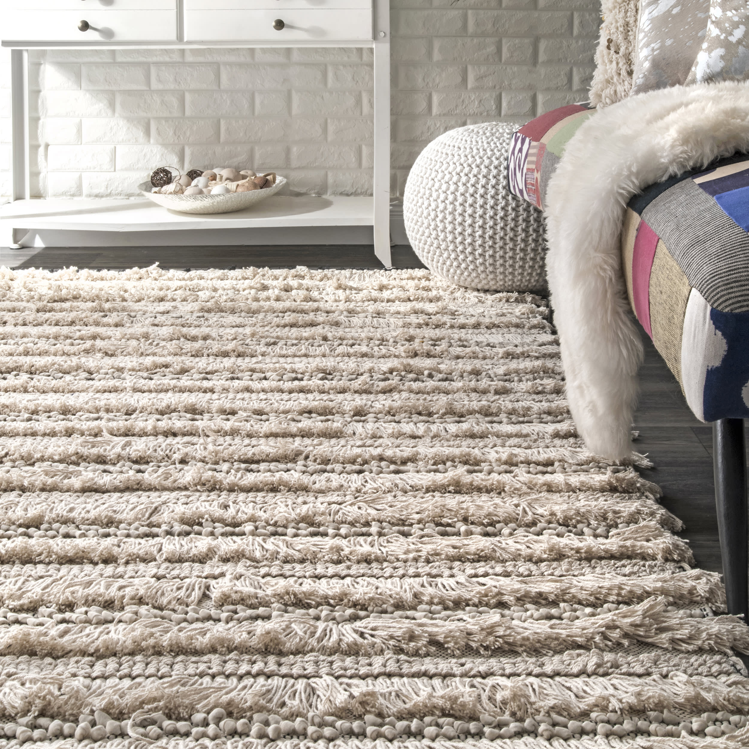 Ellena Handmade Tassel Rug | Beige - Image 4
