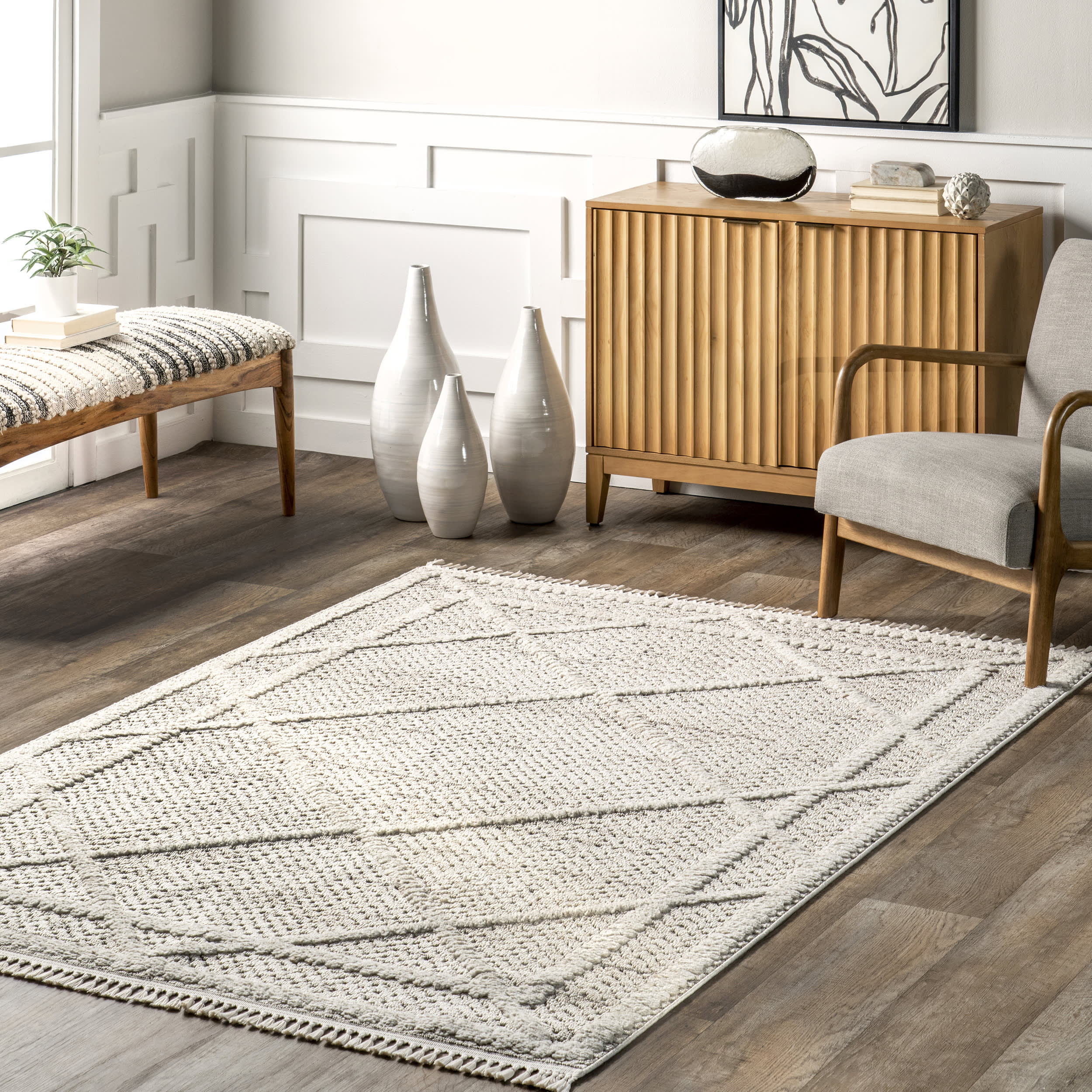 Ellery Tiled Tasseled Rug | Beige - Image 2