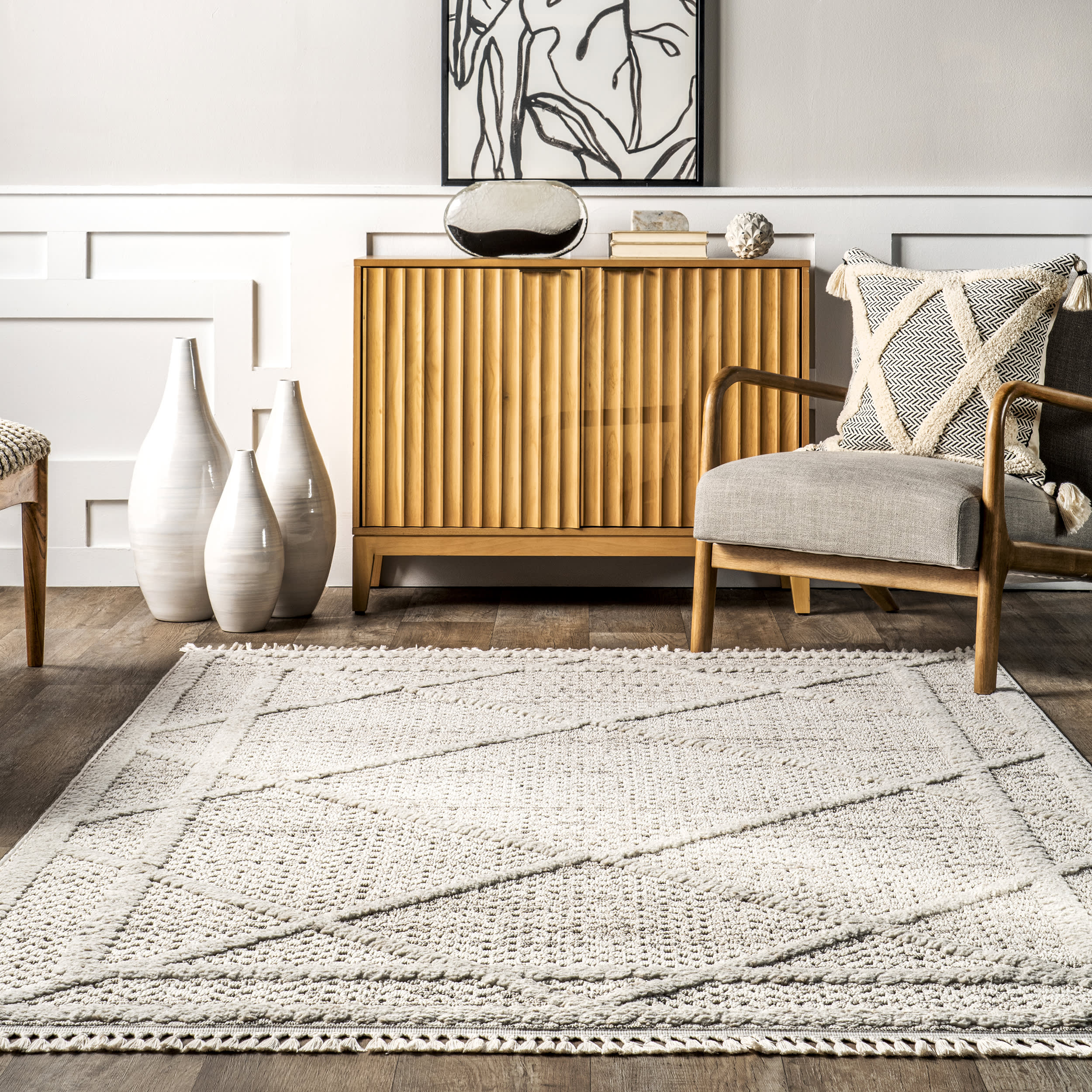 Ellery Tiled Tasseled Rug | Beige - Image 4