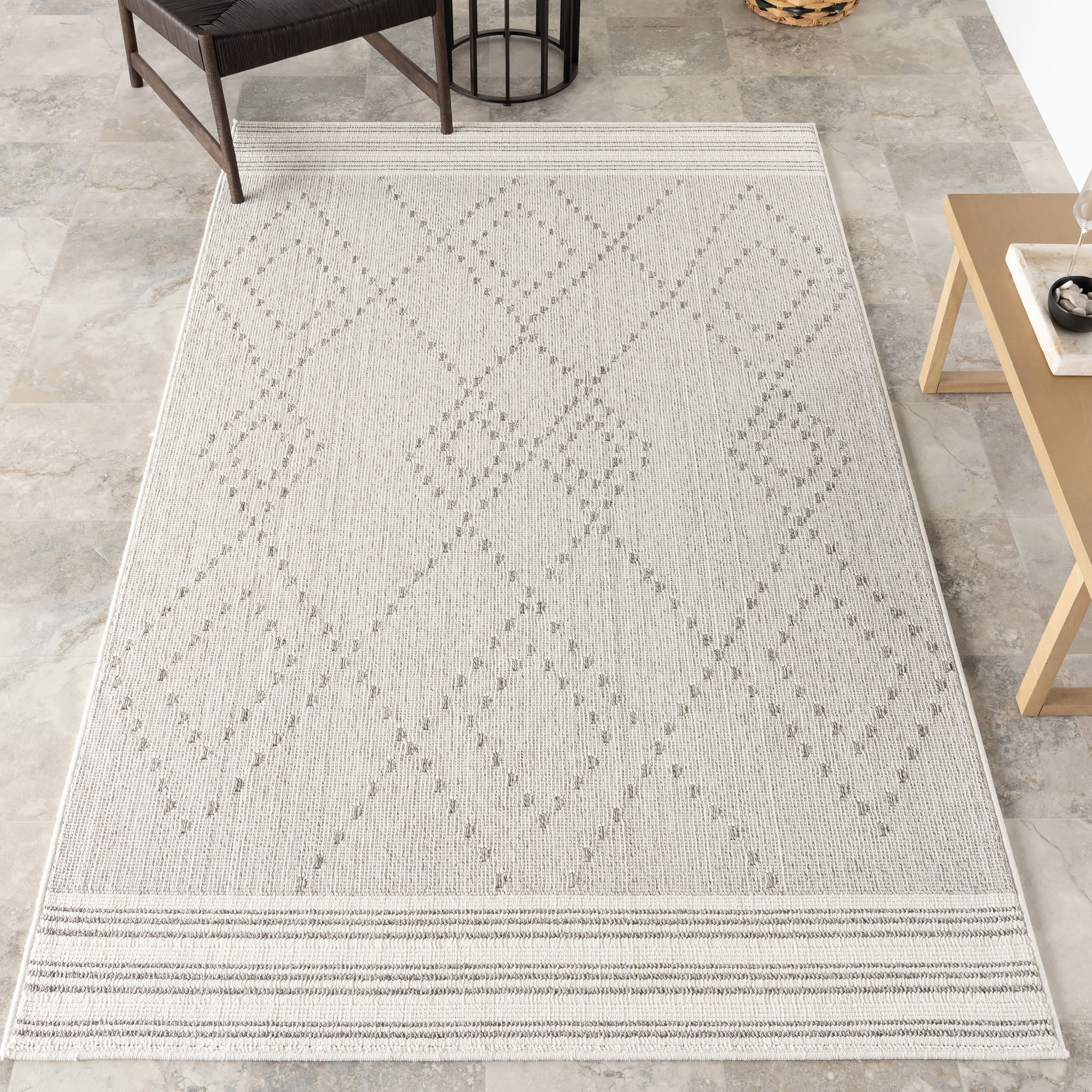 Ellianna Striped Trellis Indoor/Outdoor Rug | Light Grey - Image 2