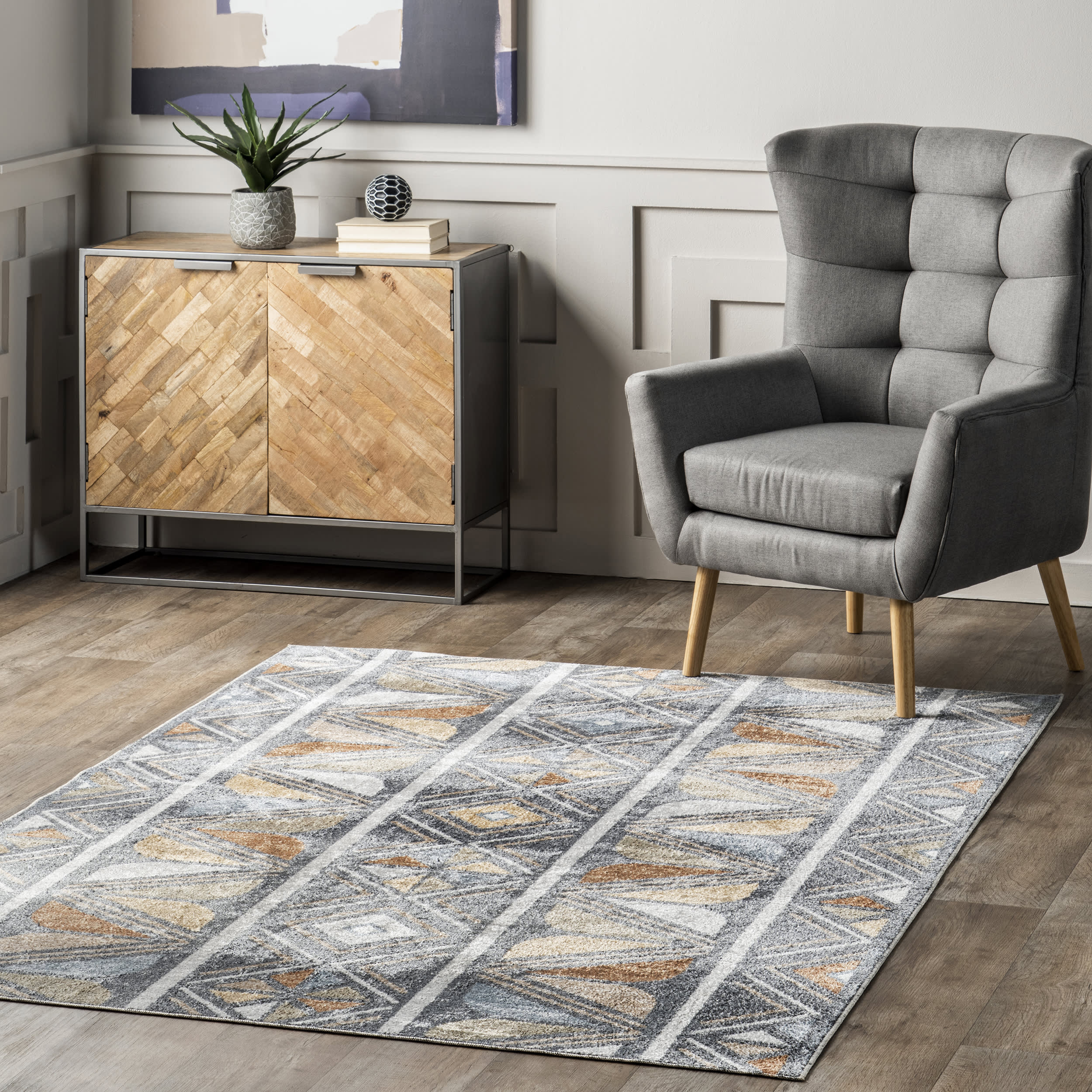 Elm Aztec Banded Washable Rug | Grey - Image 2
