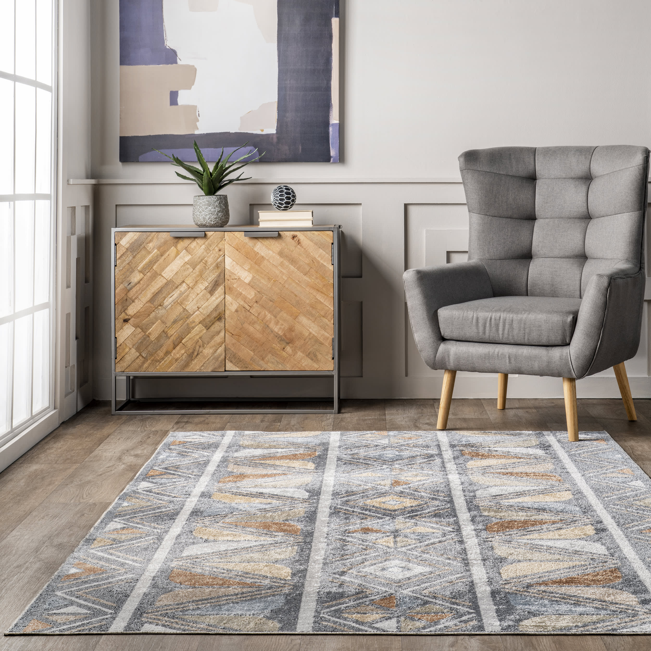 Elm Aztec Banded Washable Rug | Grey - Image 4