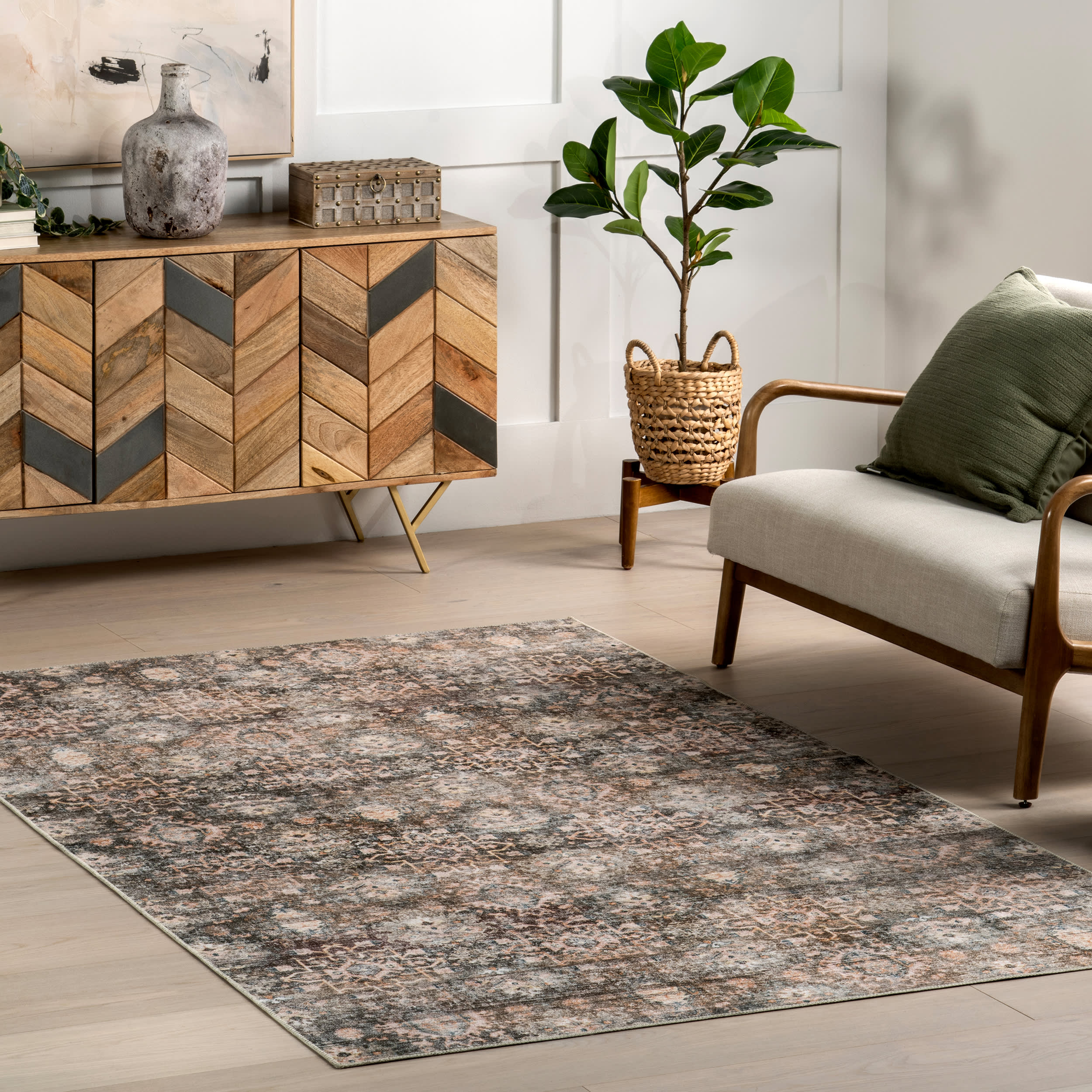Elva Medallion Spill Proof Washable Rug | Grey - Image 2