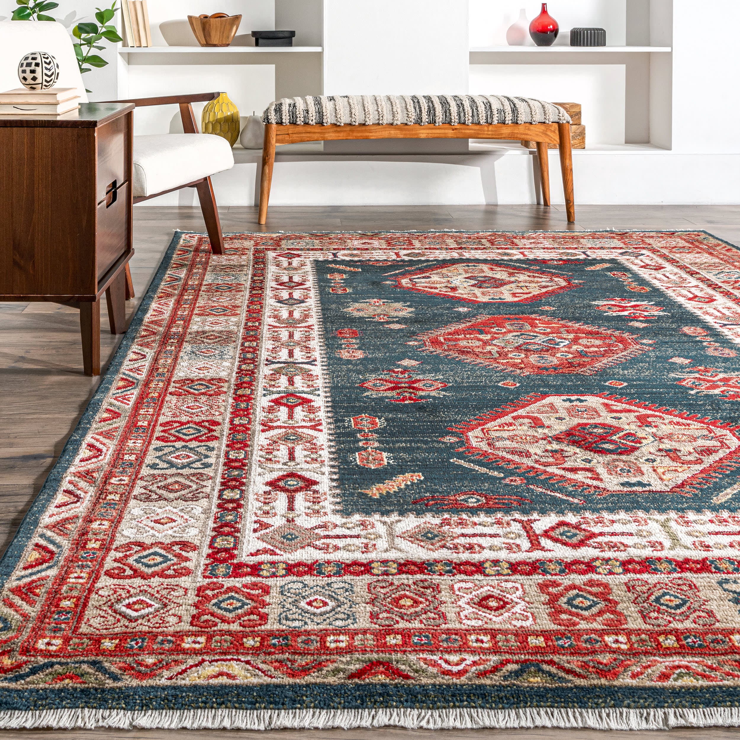Emblem Fringed Rug | Blue - Image 4