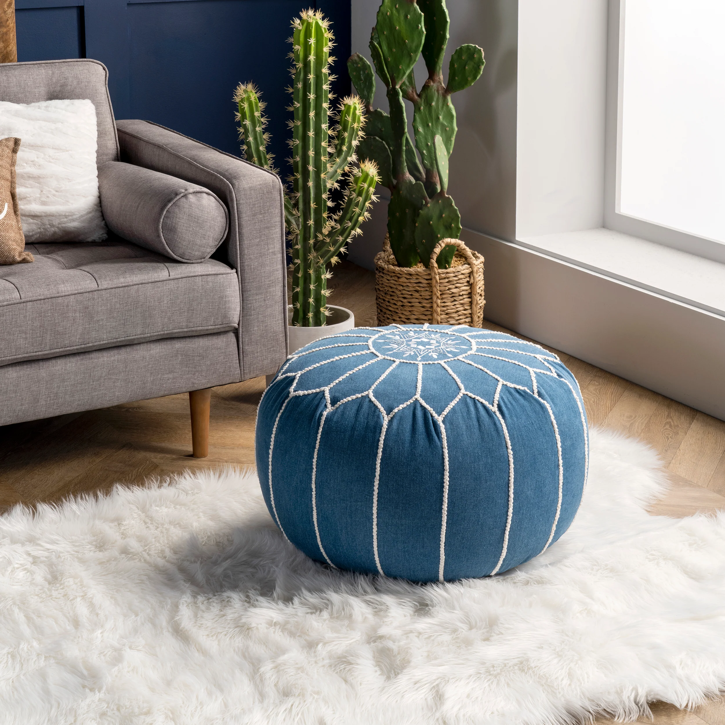 Embroidered Cotton Pouf | Blue - Image 2