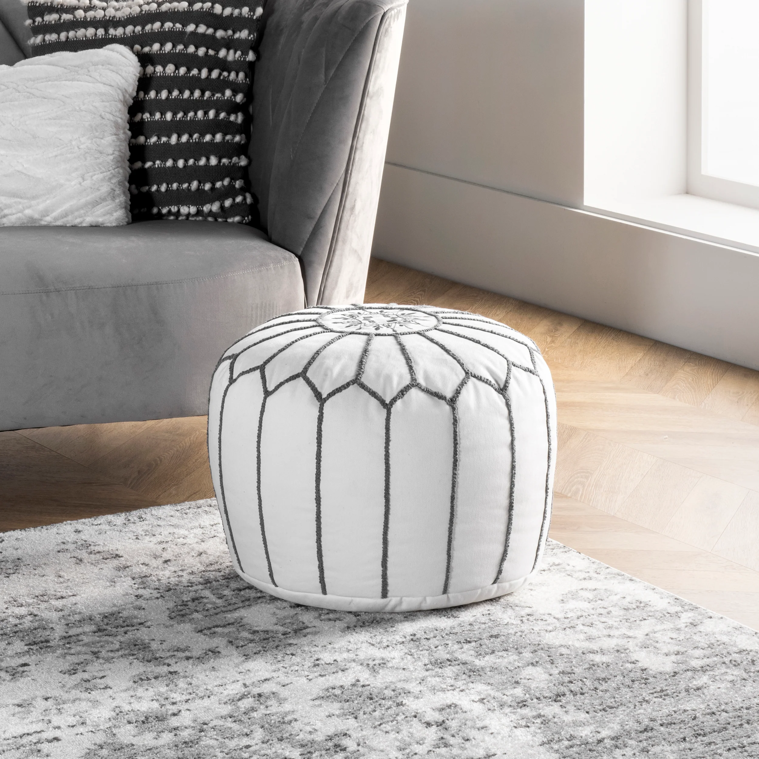 Embroidered Cotton Pouf | White - Image 2