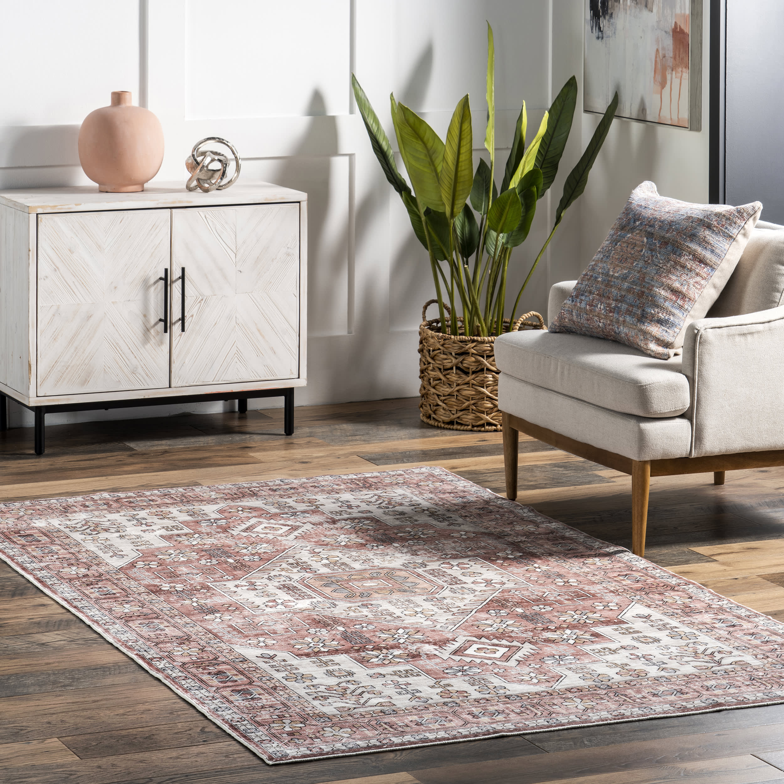 Emelie Bordered Medallion Washable Rug | Blush Pink - Image 2