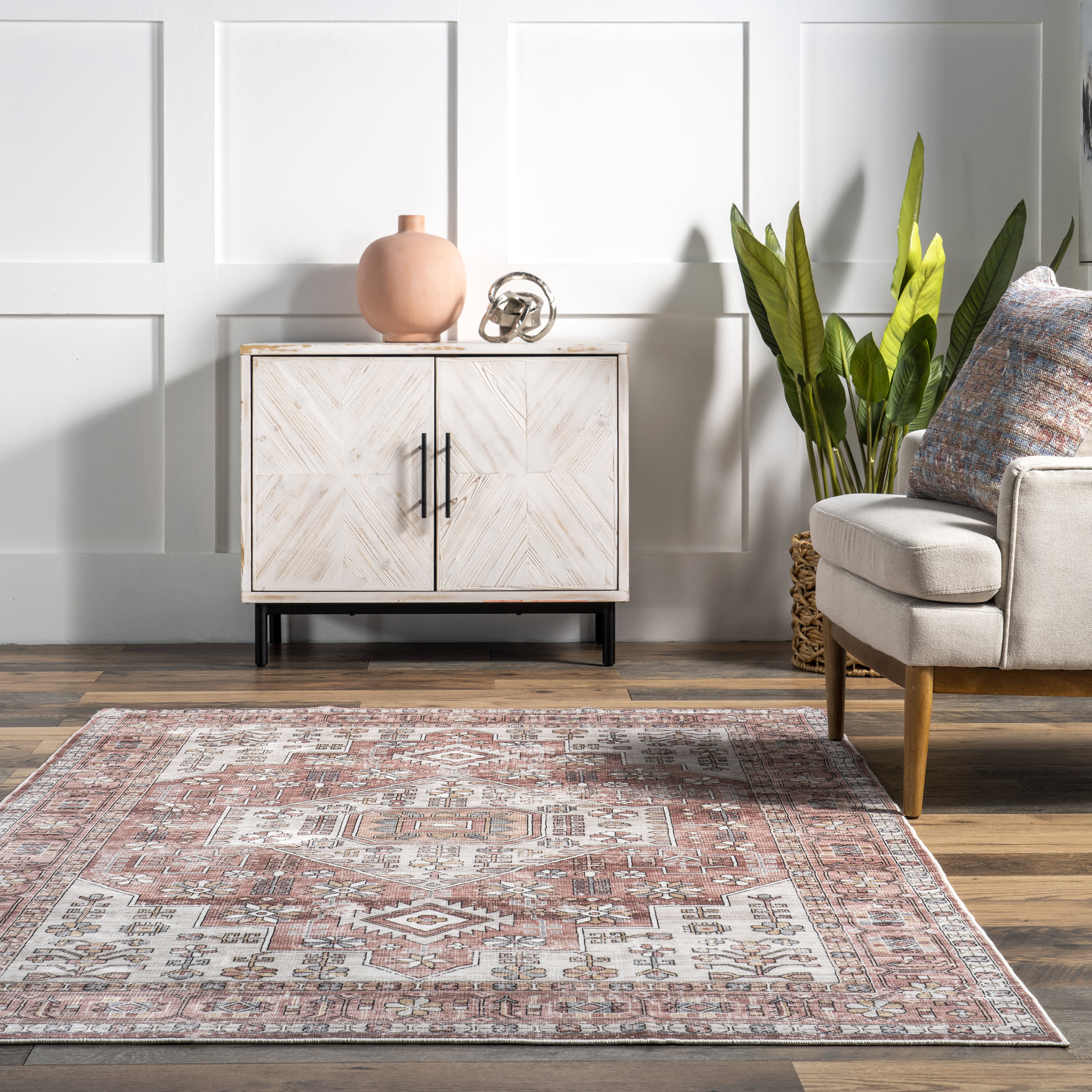 Emelie Bordered Medallion Washable Rug | Blush Pink - Image 4