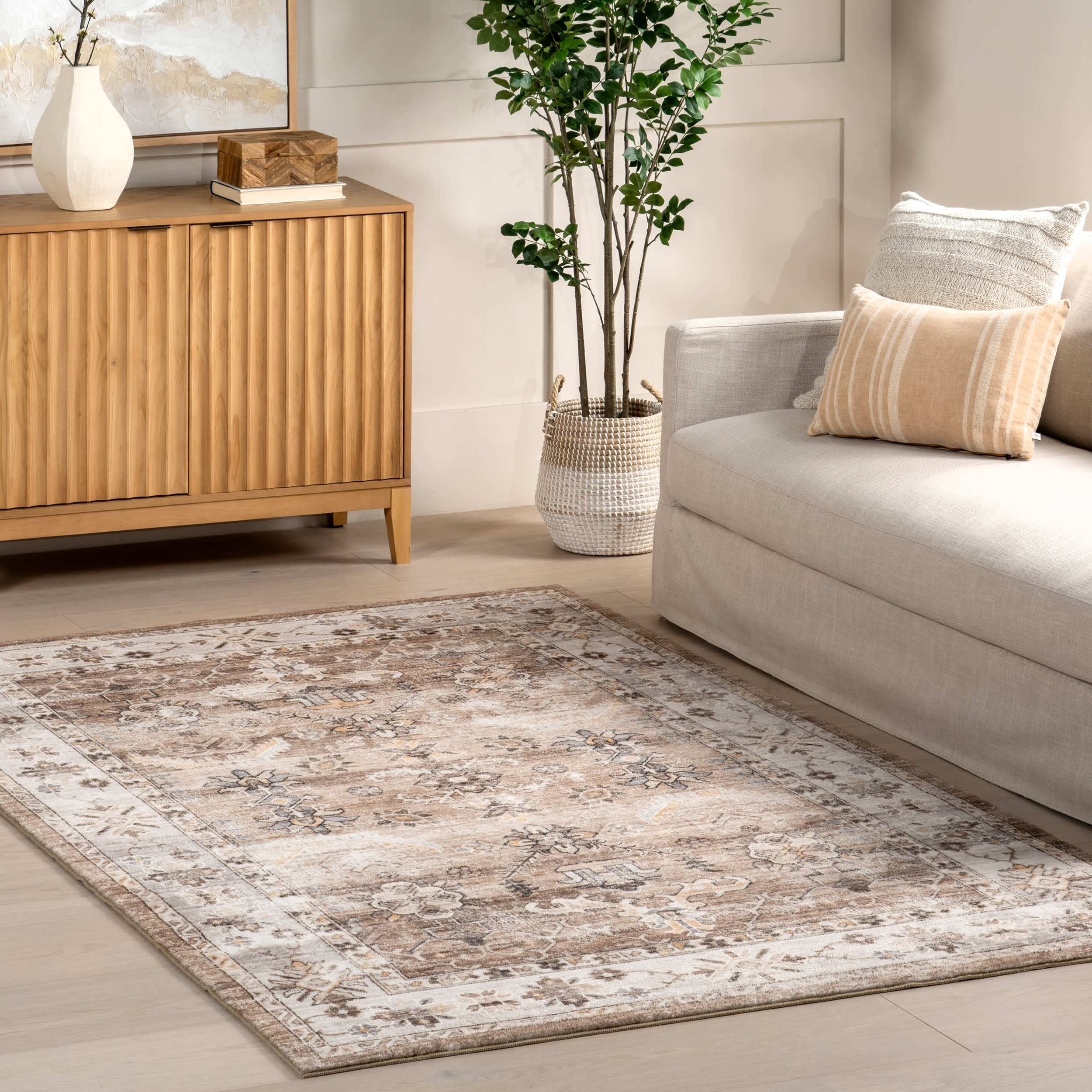 Erma Vintage Floral Medallion Washable Rug | Beige - Image 2